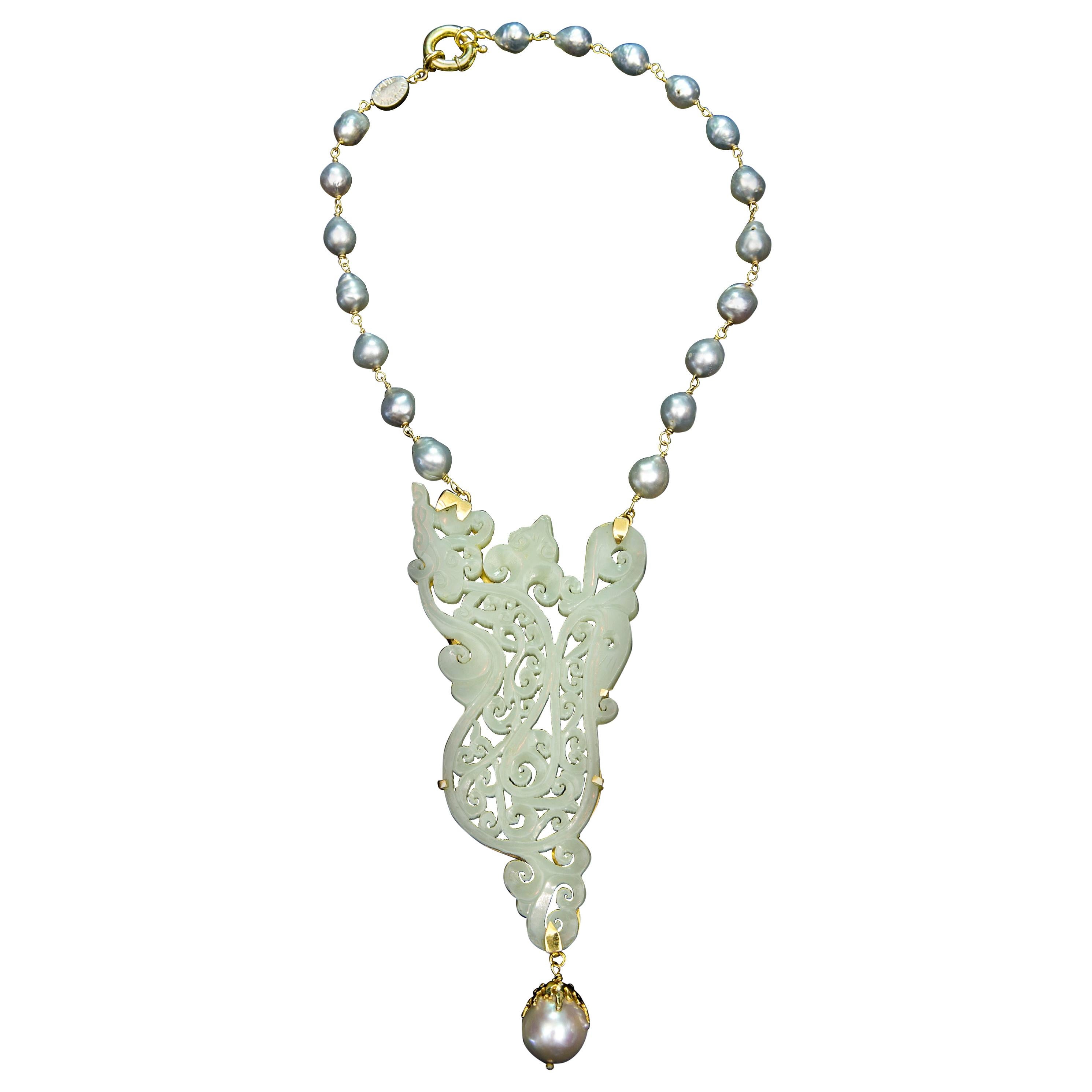 Large Carved White Jade Necklace with Diamonds and South Sea Pearls in 18KT Gold For Sale