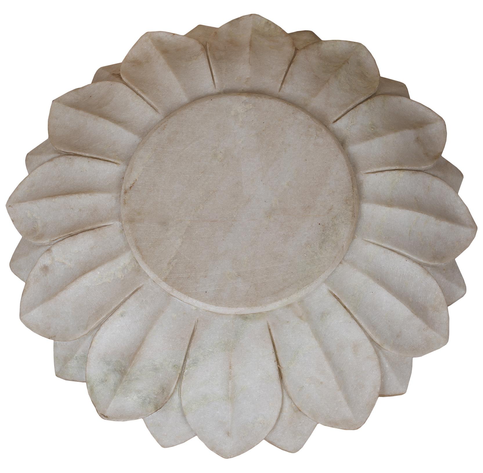 A large sculptural lotus flower in white marble. Slightly concave. Great as a bird bath, or as a centerpiece with flowers floating or vegetables, 21st century.