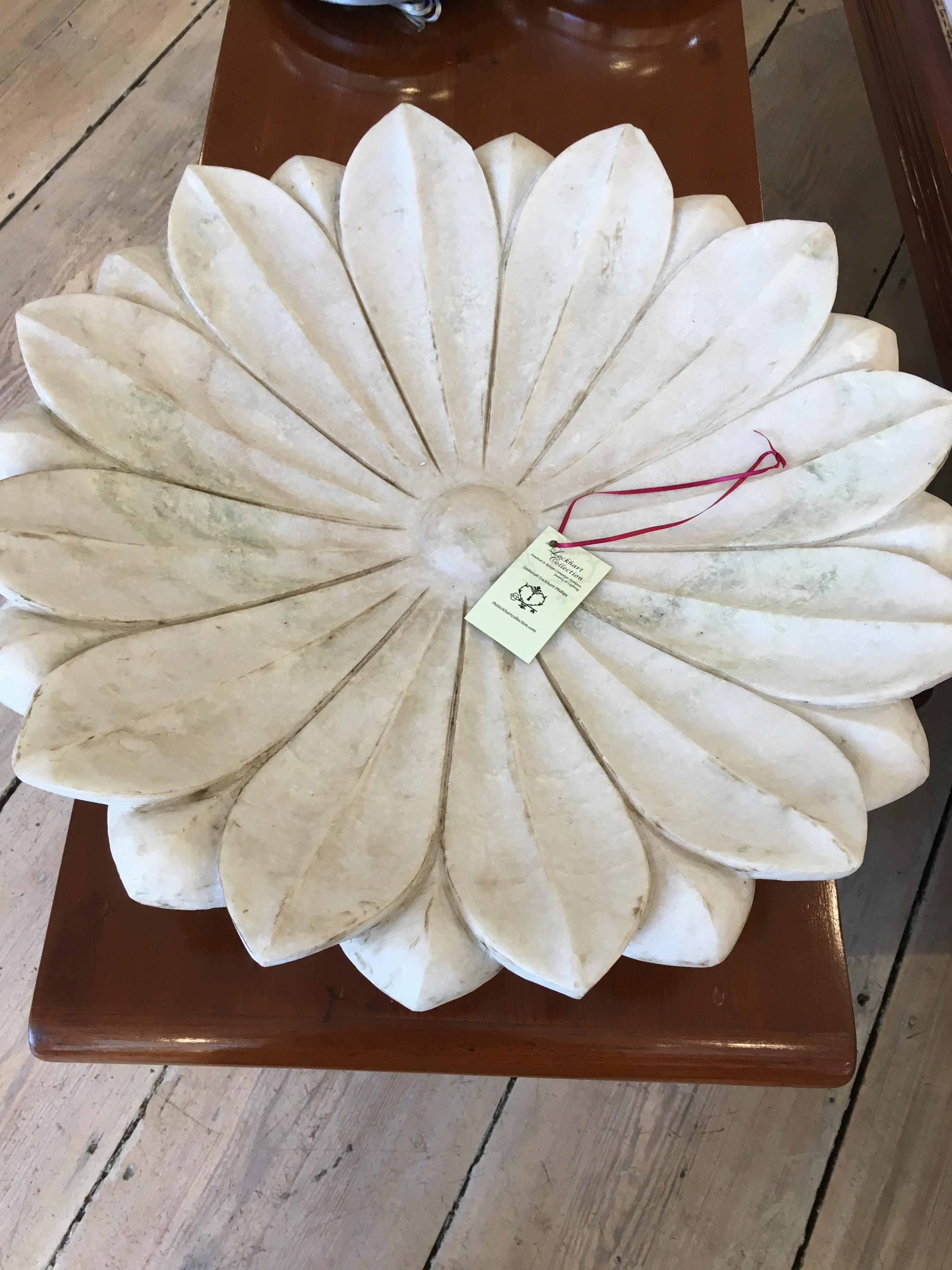 Large Carved White Marble Lotus Flower Platter In Good Condition In Nantucket, MA