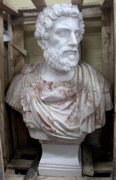 Large Carved White & Rouge Marble Bust of Roman Emperor