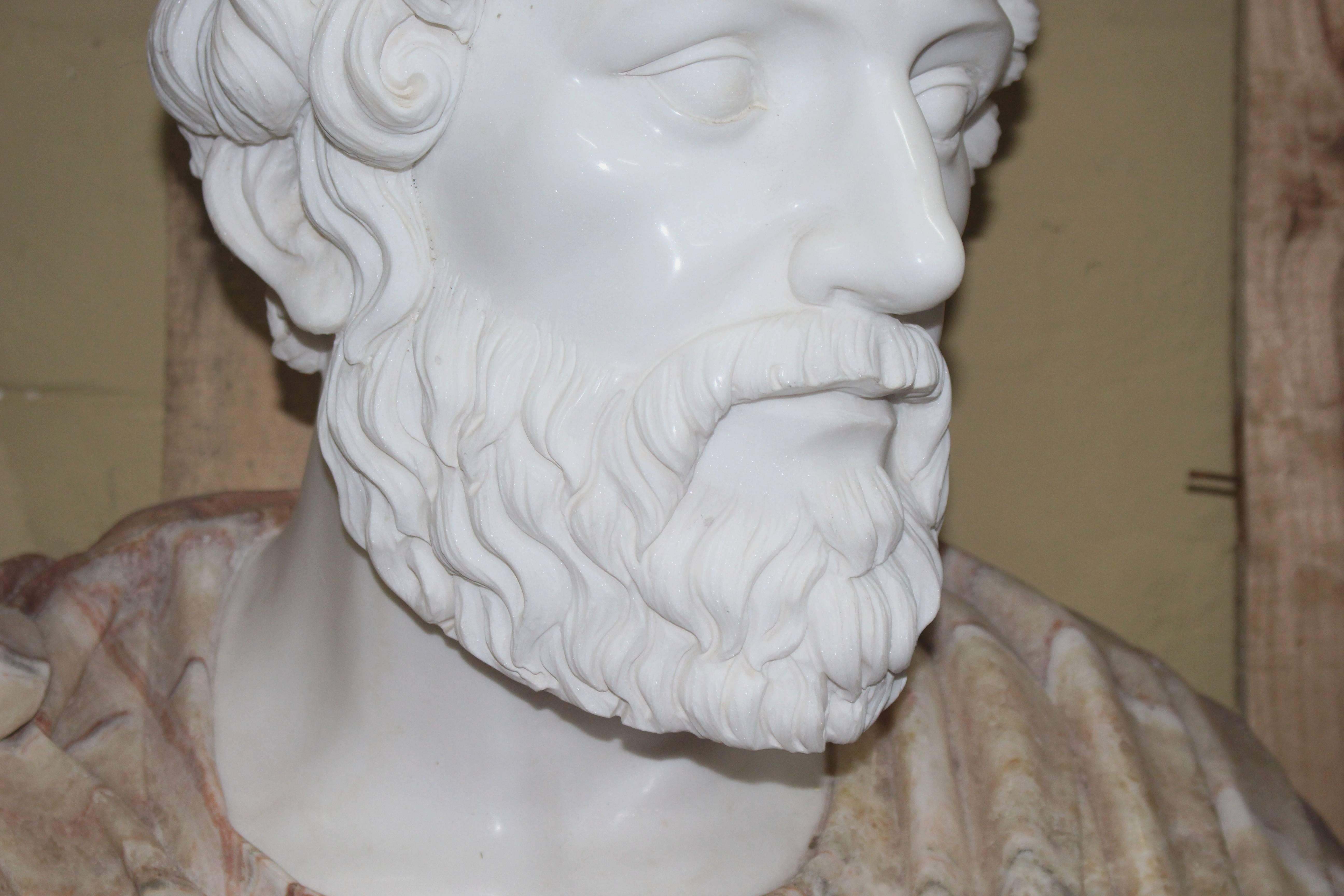 Large Carved White & Rouge Marble Bust of Roman Emperor For Sale 1