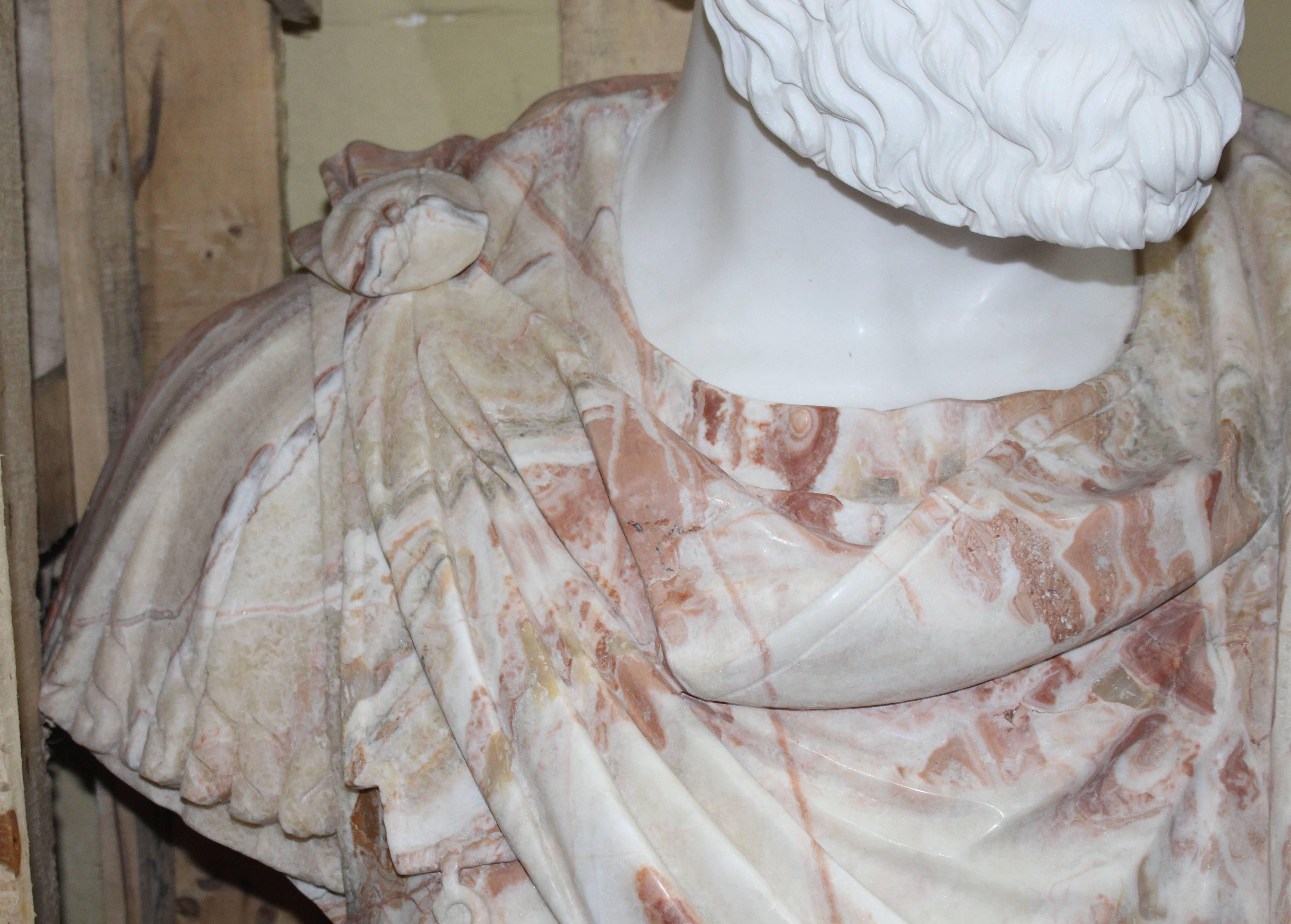 Large Carved White & Rouge Marble Bust of Roman Emperor For Sale 2