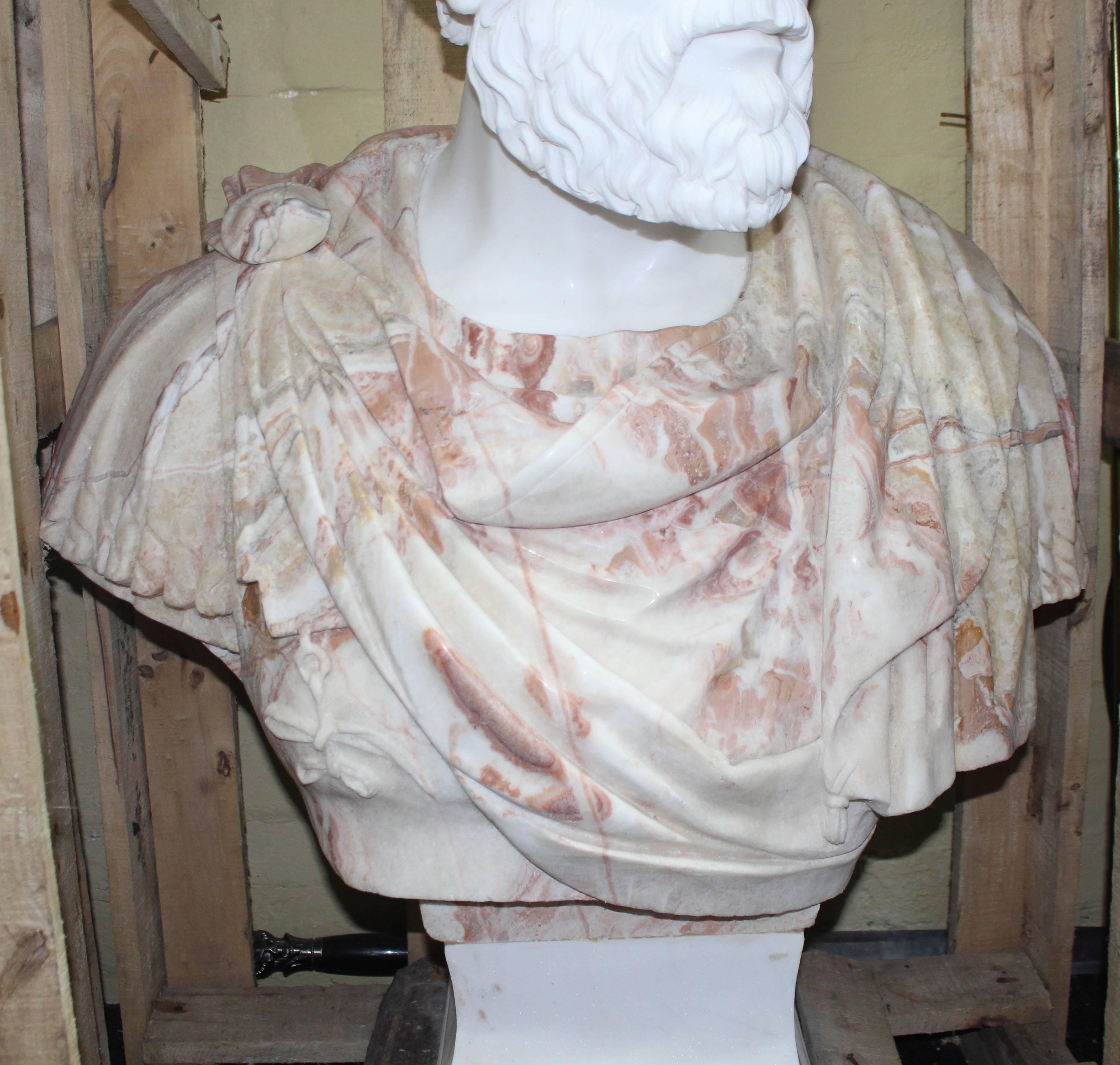 Large Carved White & Rouge Marble Bust of Roman Emperor For Sale 3