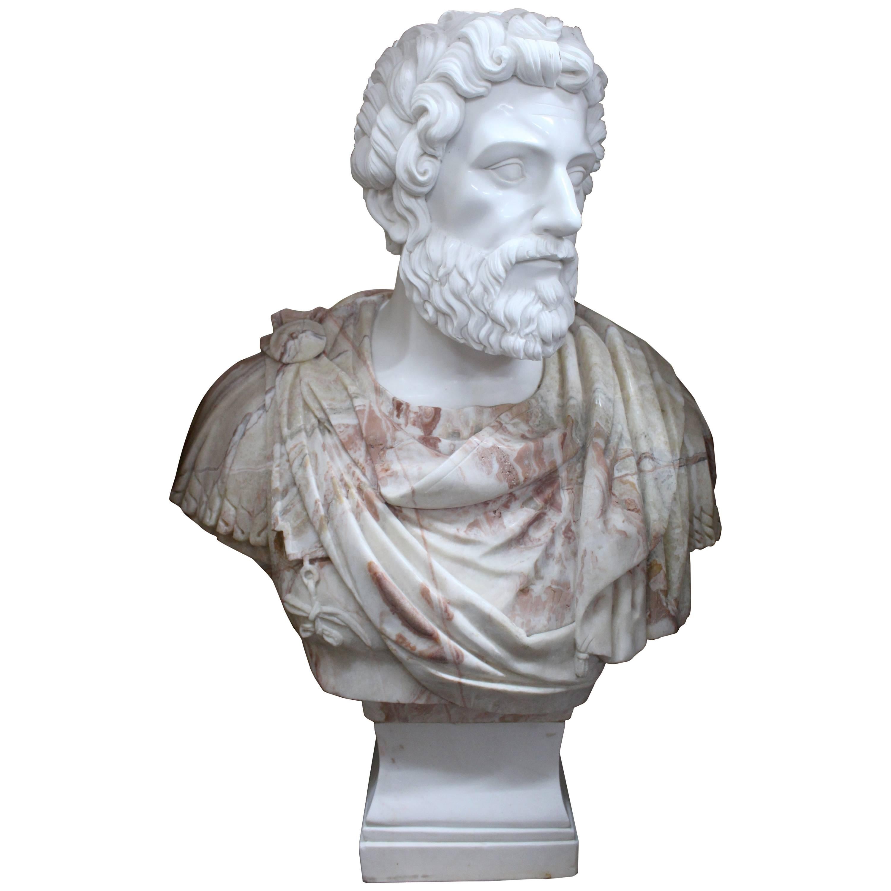 Large Carved White & Rouge Marble Bust of Roman Emperor For Sale