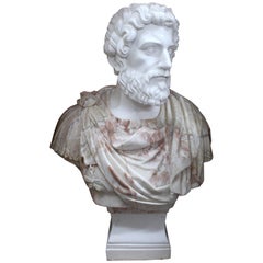 Large Carved White & Rouge Marble Bust of Roman Emperor