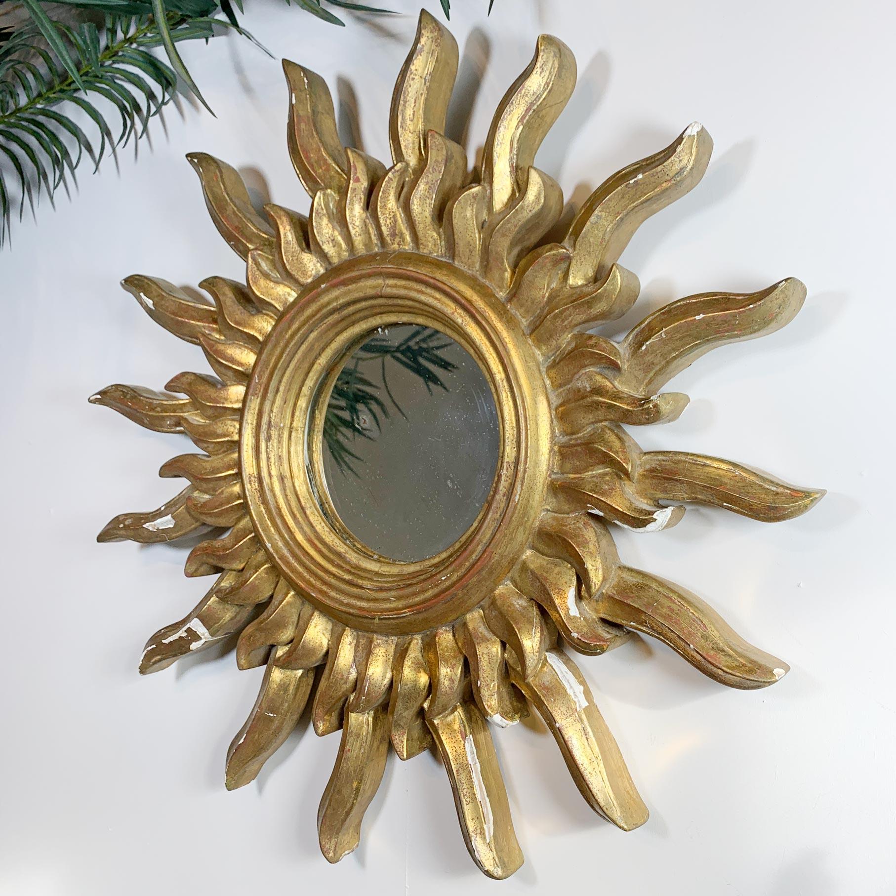 20th Century Large Carved Wood and Gold Gesso Sunburst Mirror 1920’s For Sale