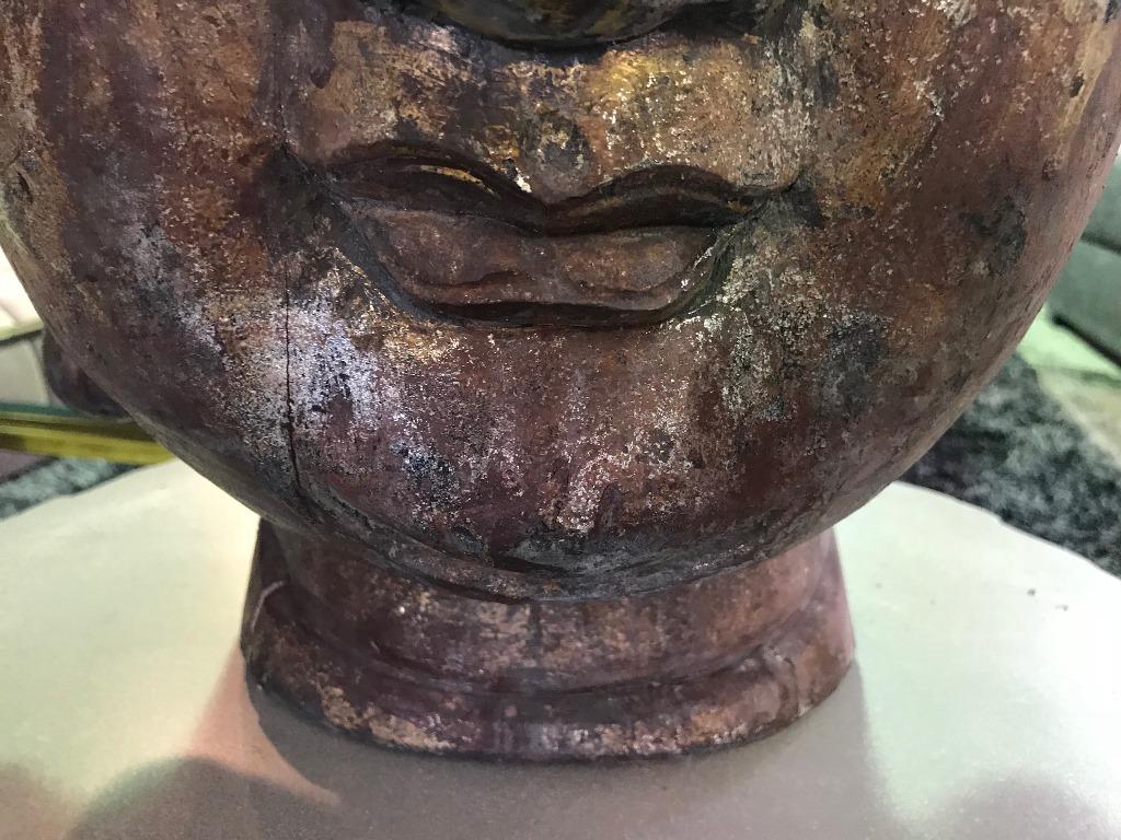 Large Carved Wood and Gilt Temple Shrine Buddha Head Bust 3