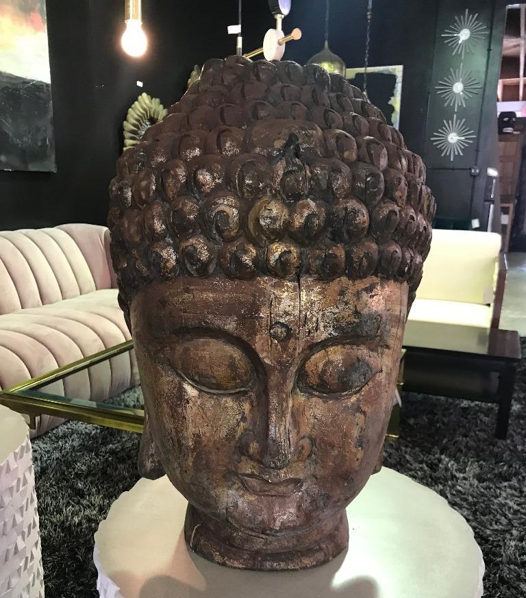 Large Carved Wood and Gilt Temple Shrine Buddha Head Bust 7