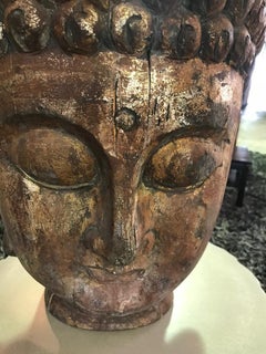 Large Carved Wood and Gilt Temple Shrine Buddha Head Bust