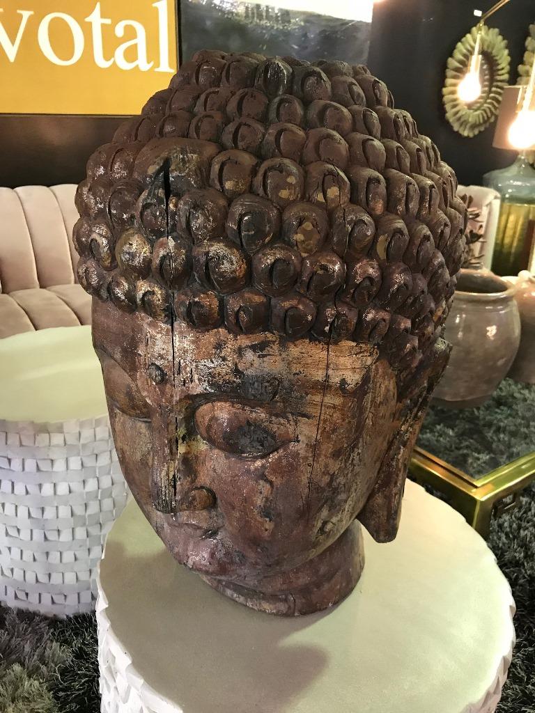 Burmese Large Carved Wood and Gilt Temple Shrine Buddha Head Bust