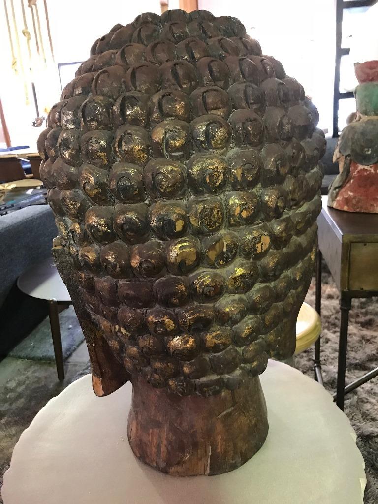 Hand-Carved Large Carved Wood and Gilt Temple Shrine Buddha Head Bust