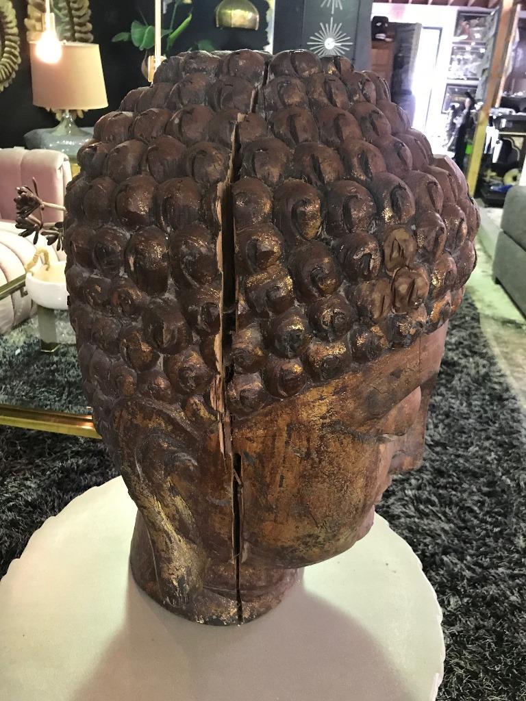 Large Carved Wood and Gilt Temple Shrine Buddha Head Bust In Good Condition In Studio City, CA