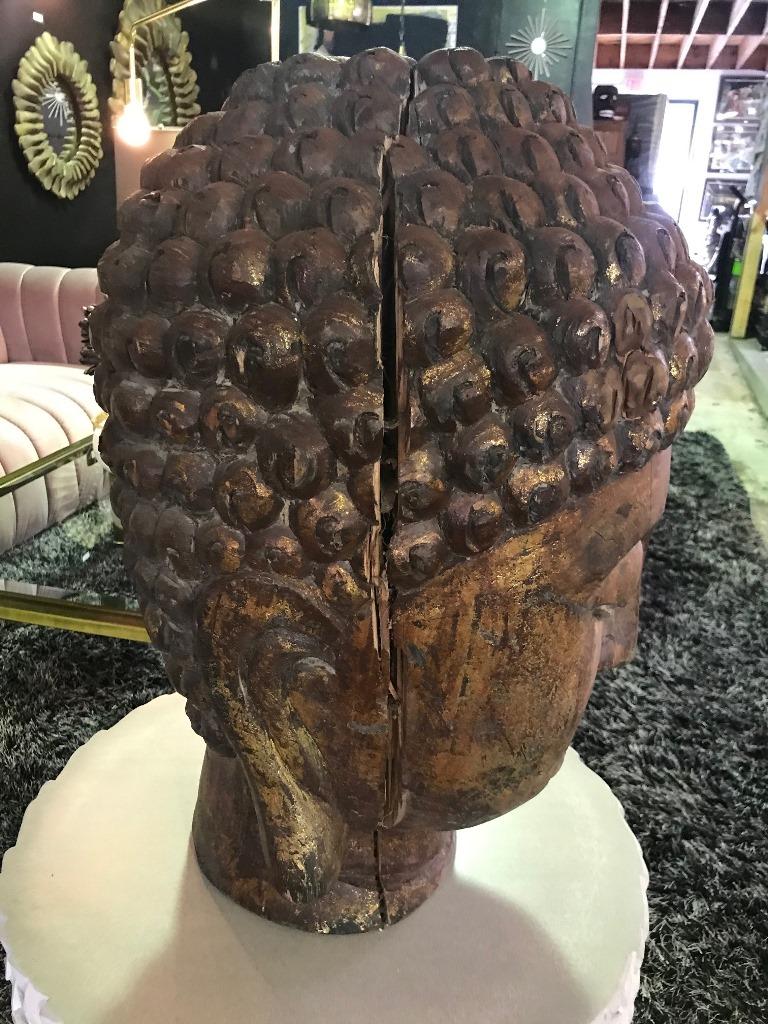 20th Century Large Carved Wood and Gilt Temple Shrine Buddha Head Bust