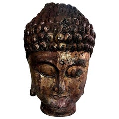 Large Carved Wood and Gilt Temple Shrine Buddha Head Bust