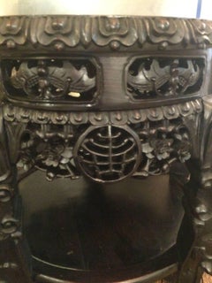 Large Carved Wood Asian Side Table with Inset Marble Top