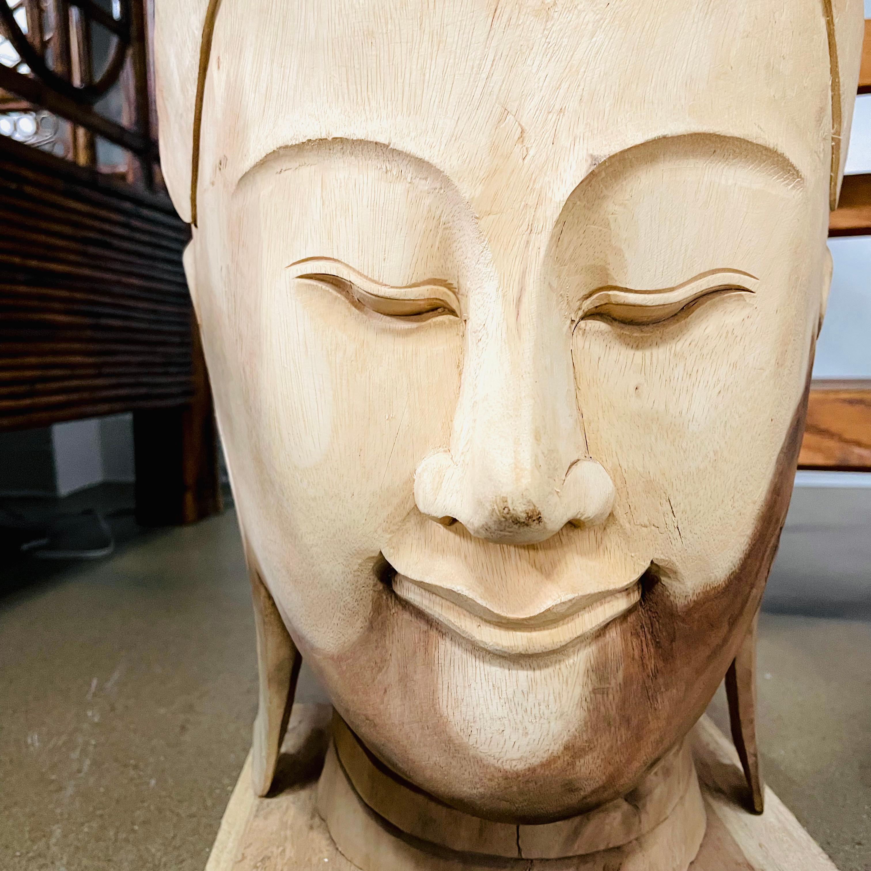 Hand-Carved Extra Large Carved Wood Buddha Heads, Pair For Sale
