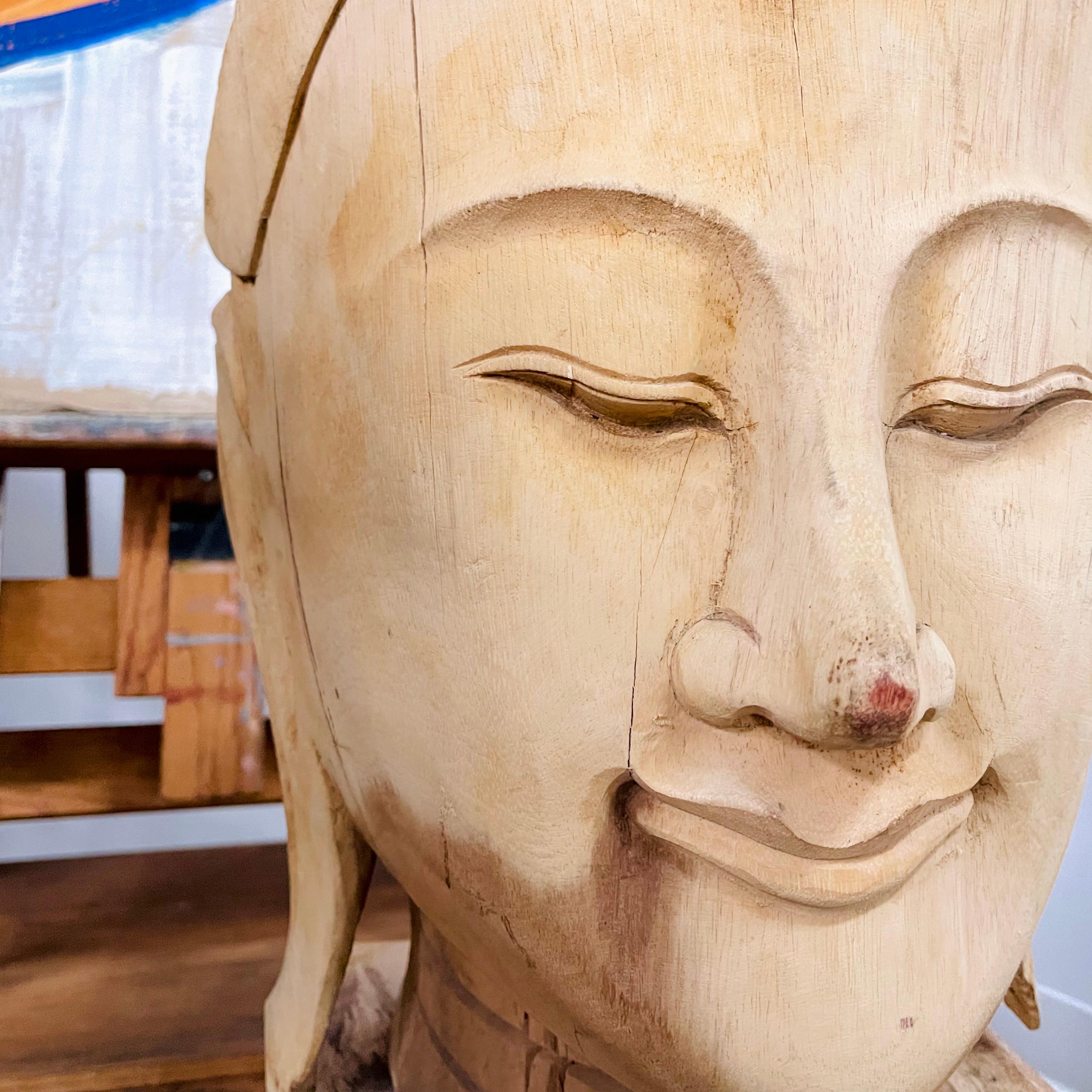 Extra Large Carved Wood Buddha Heads, Pair In Good Condition For Sale In Bastrop, TX