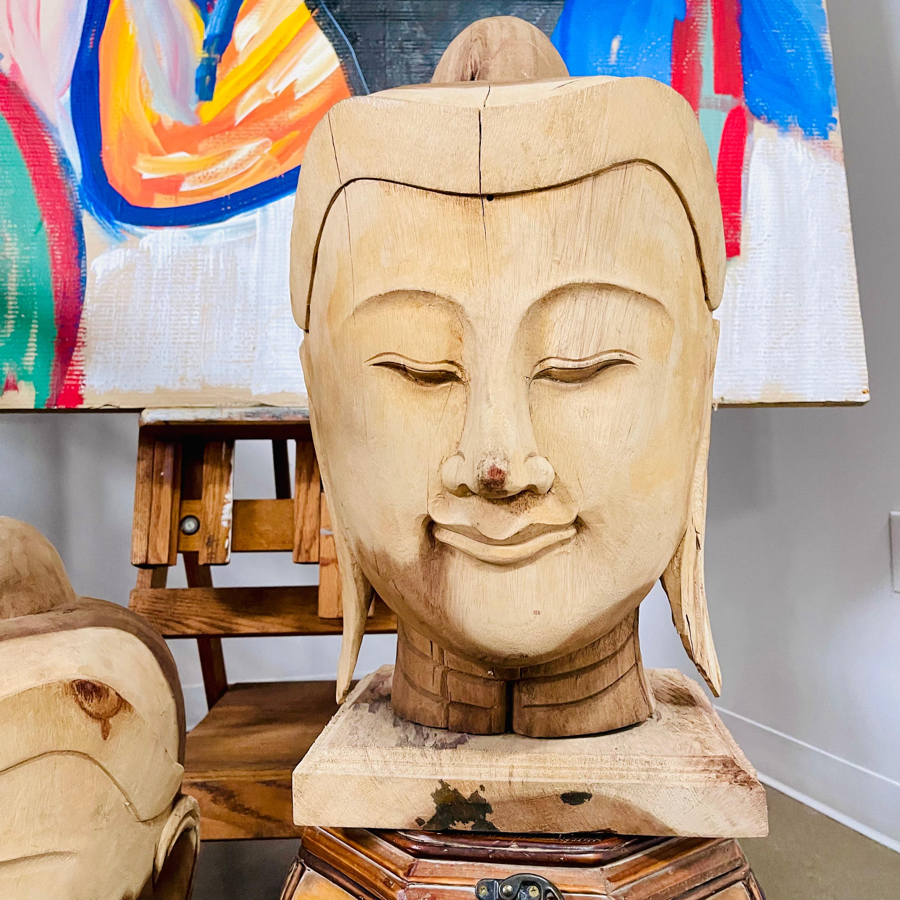 20th Century Extra Large Carved Wood Buddha Heads, Pair For Sale