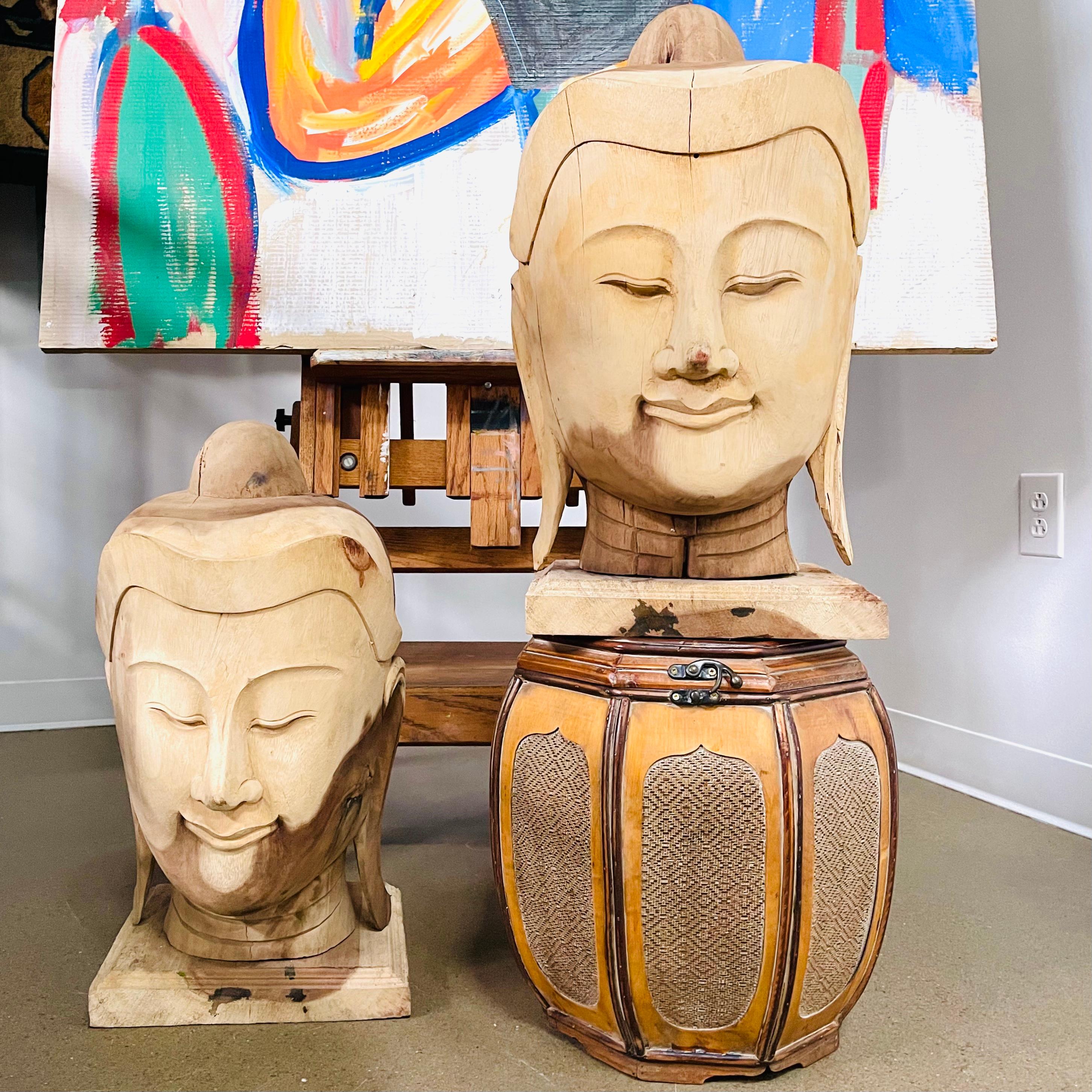 Extra Large Carved Wood Buddha Heads, Pair For Sale 2