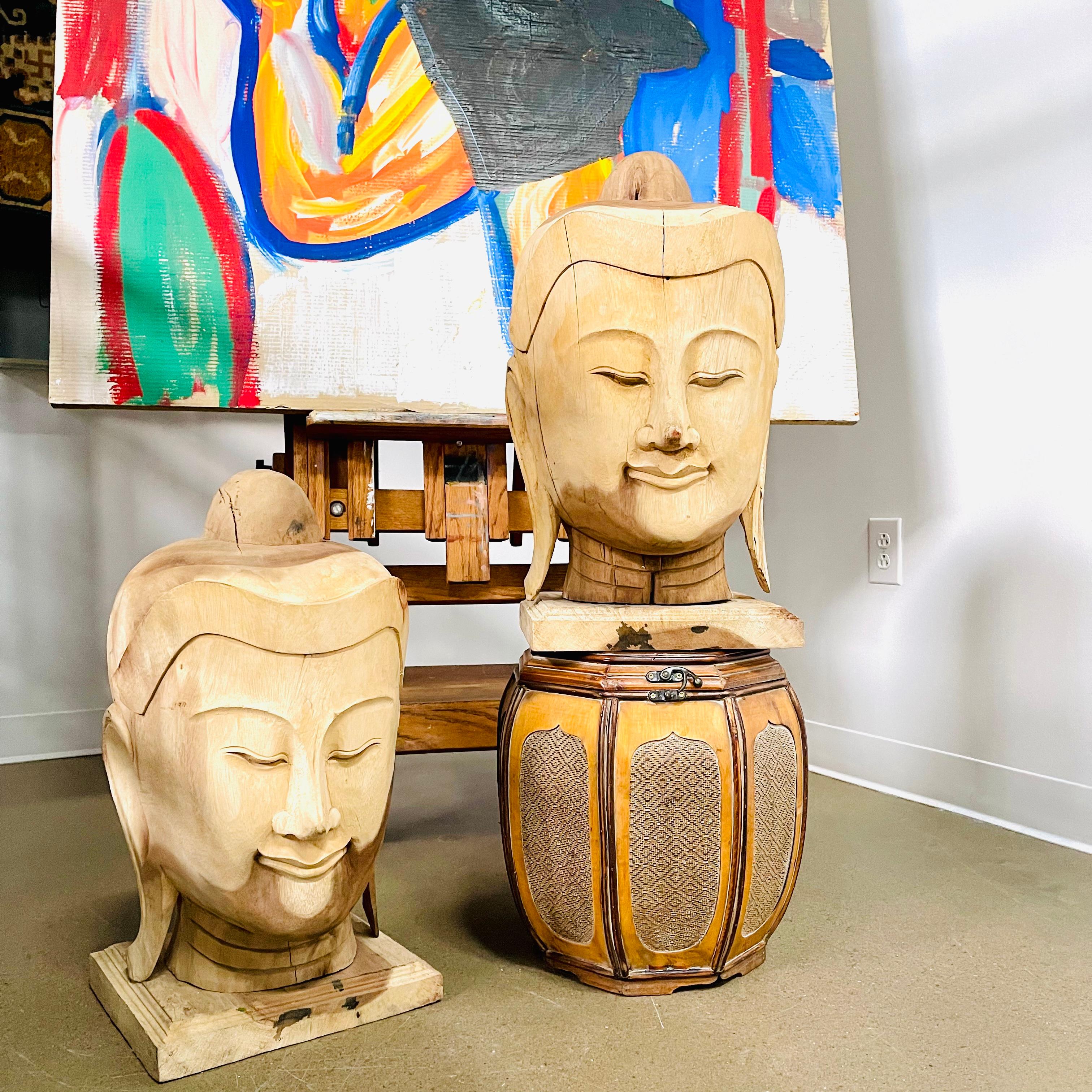 Extra Large Carved Wood Buddha Heads, Pair For Sale 3