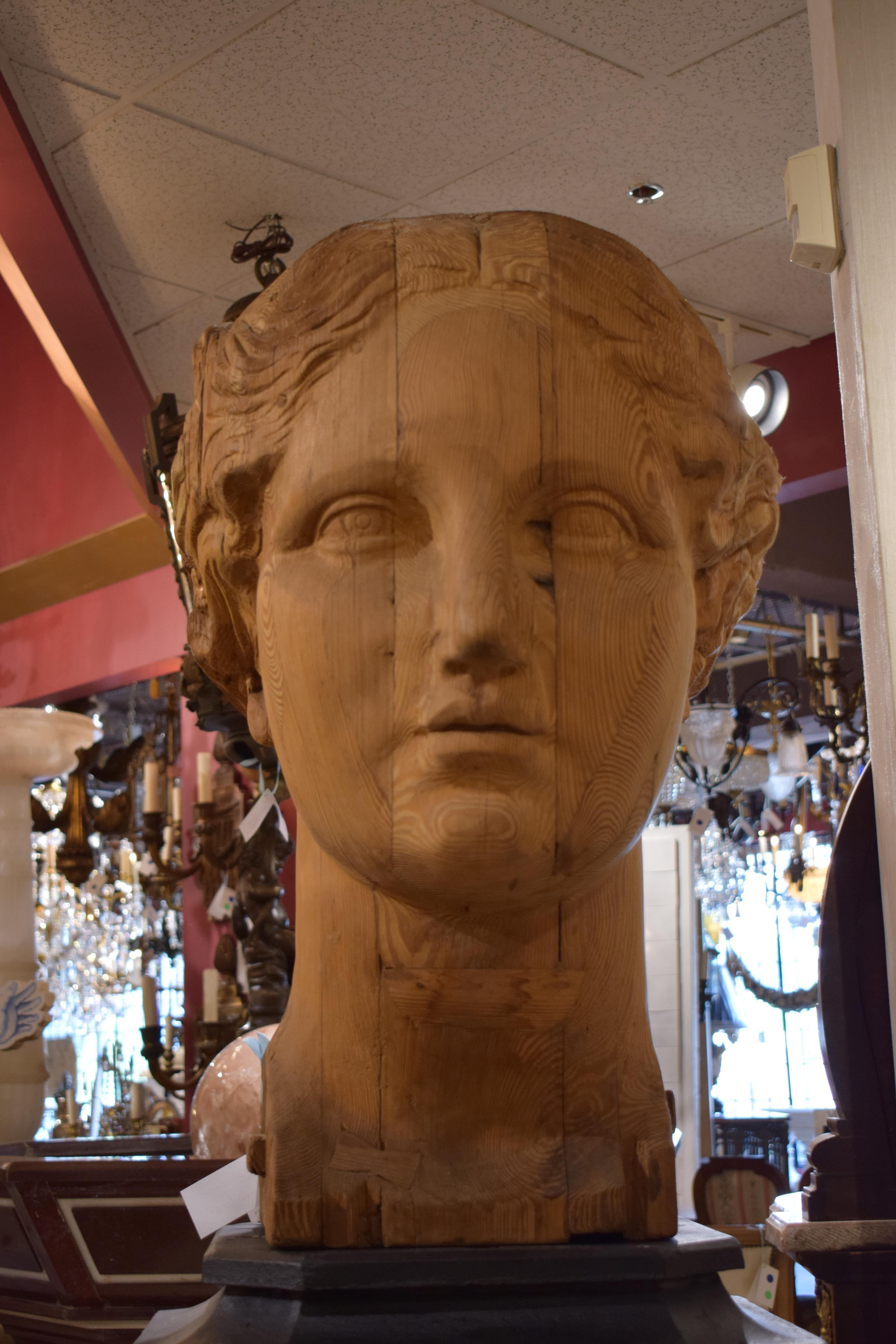 French Large Carved Wood Bust of Head