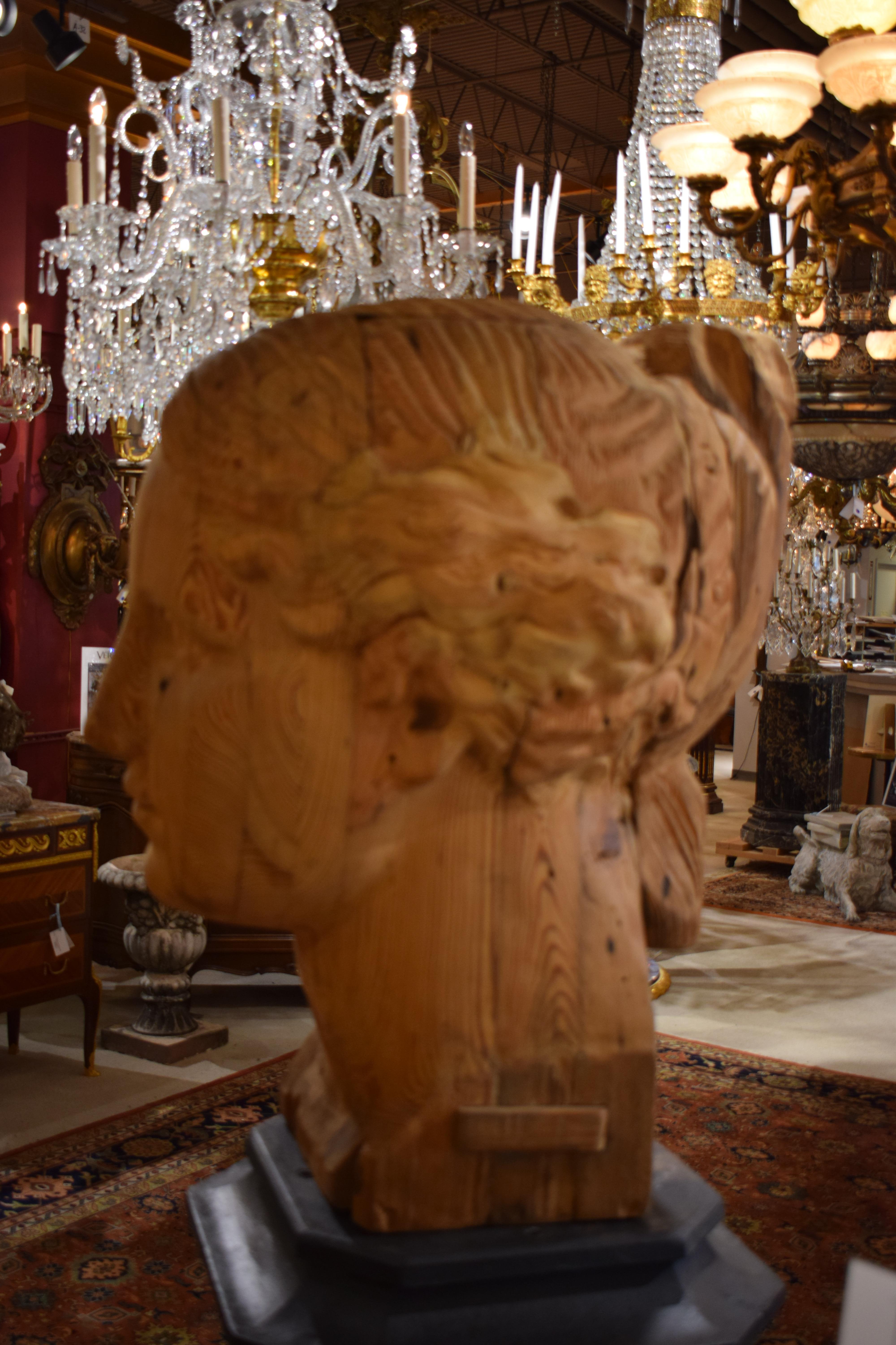 Large Carved Wood Bust of Head In Good Condition In Atlanta, GA