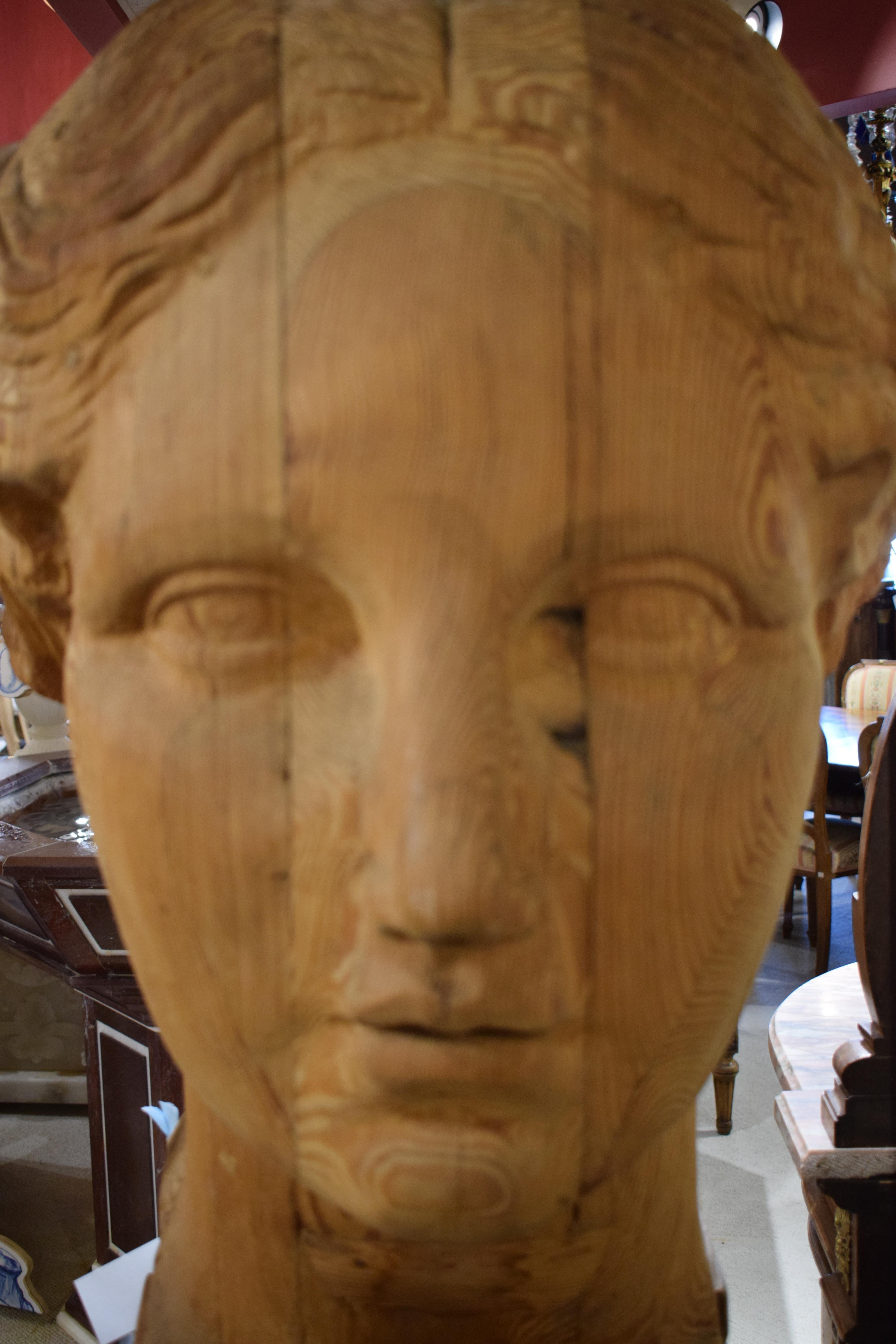 19th Century Large Carved Wood Bust of Head