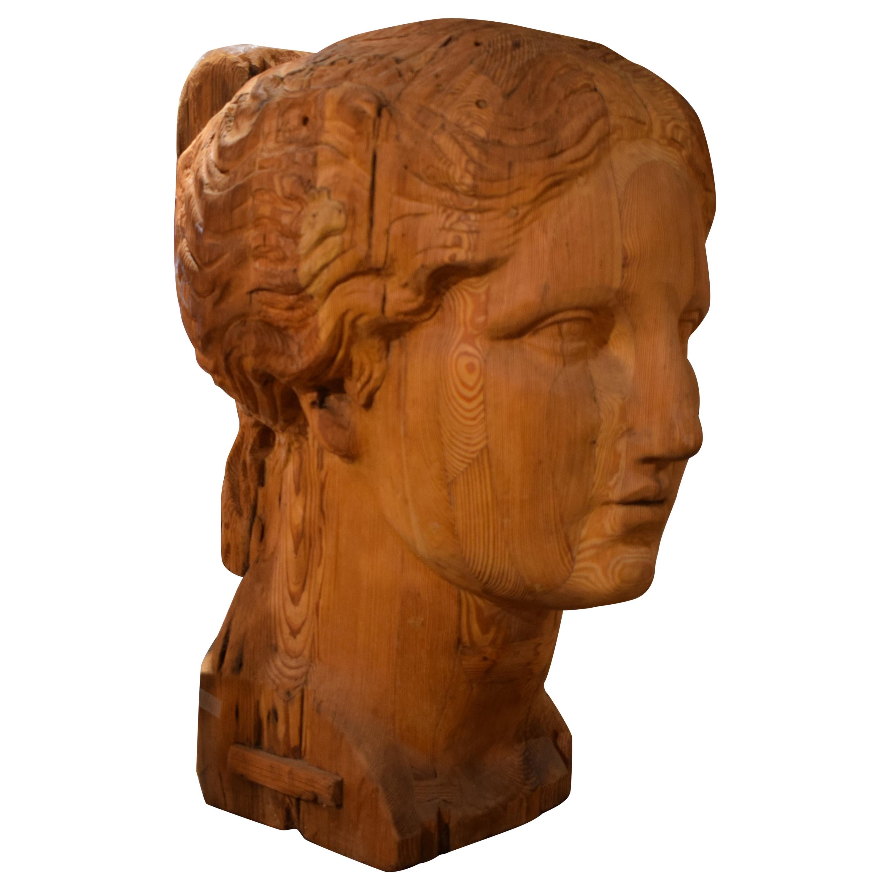 Large Carved Wood Bust of Head