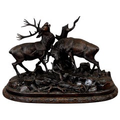 Large Carved Wood Fighting Stags by Rudolph Heissl