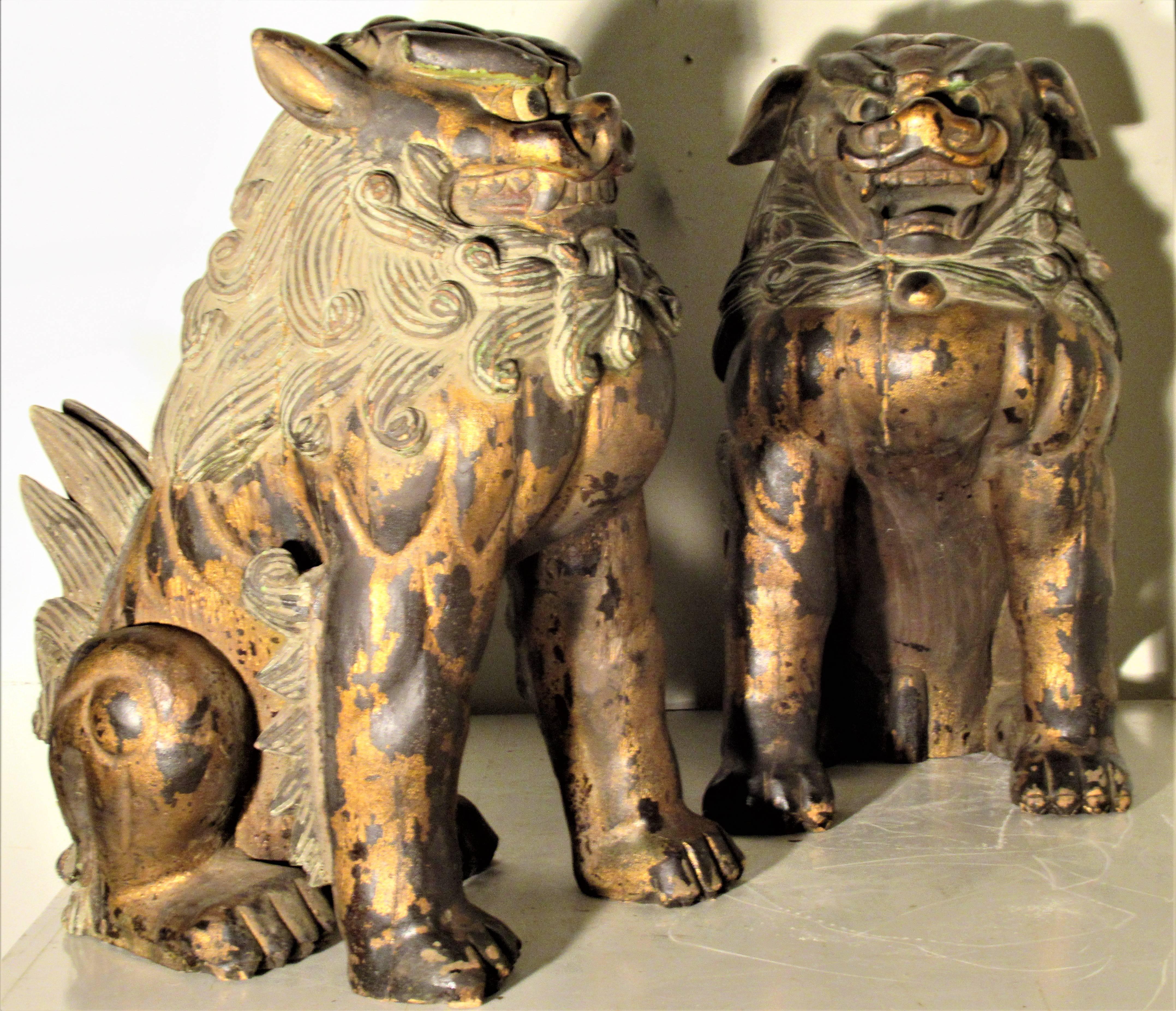 Large Carved Wood Foo Dog Lion Statues 5