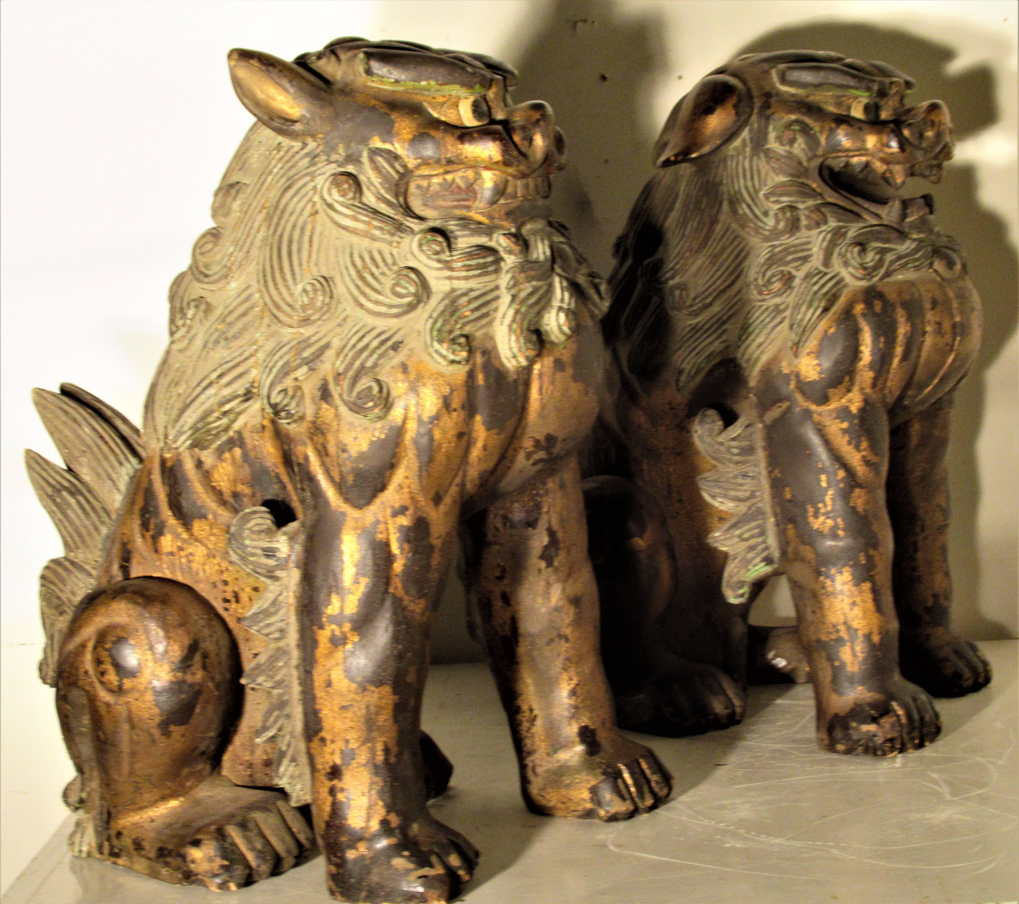 Large Carved Wood Foo Dog Lion Statues 6