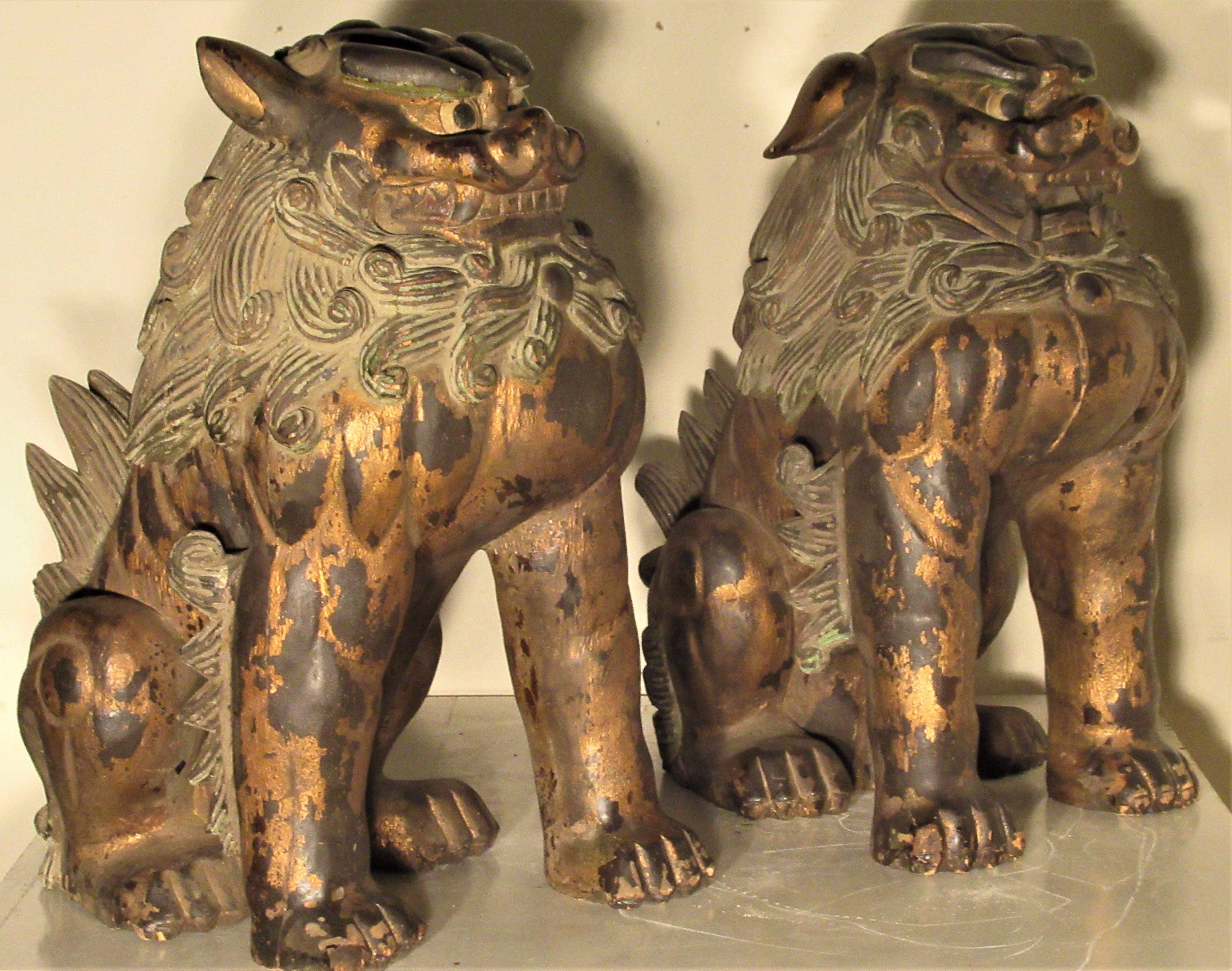 Large Carved Wood Foo Dog Lion Statues 7