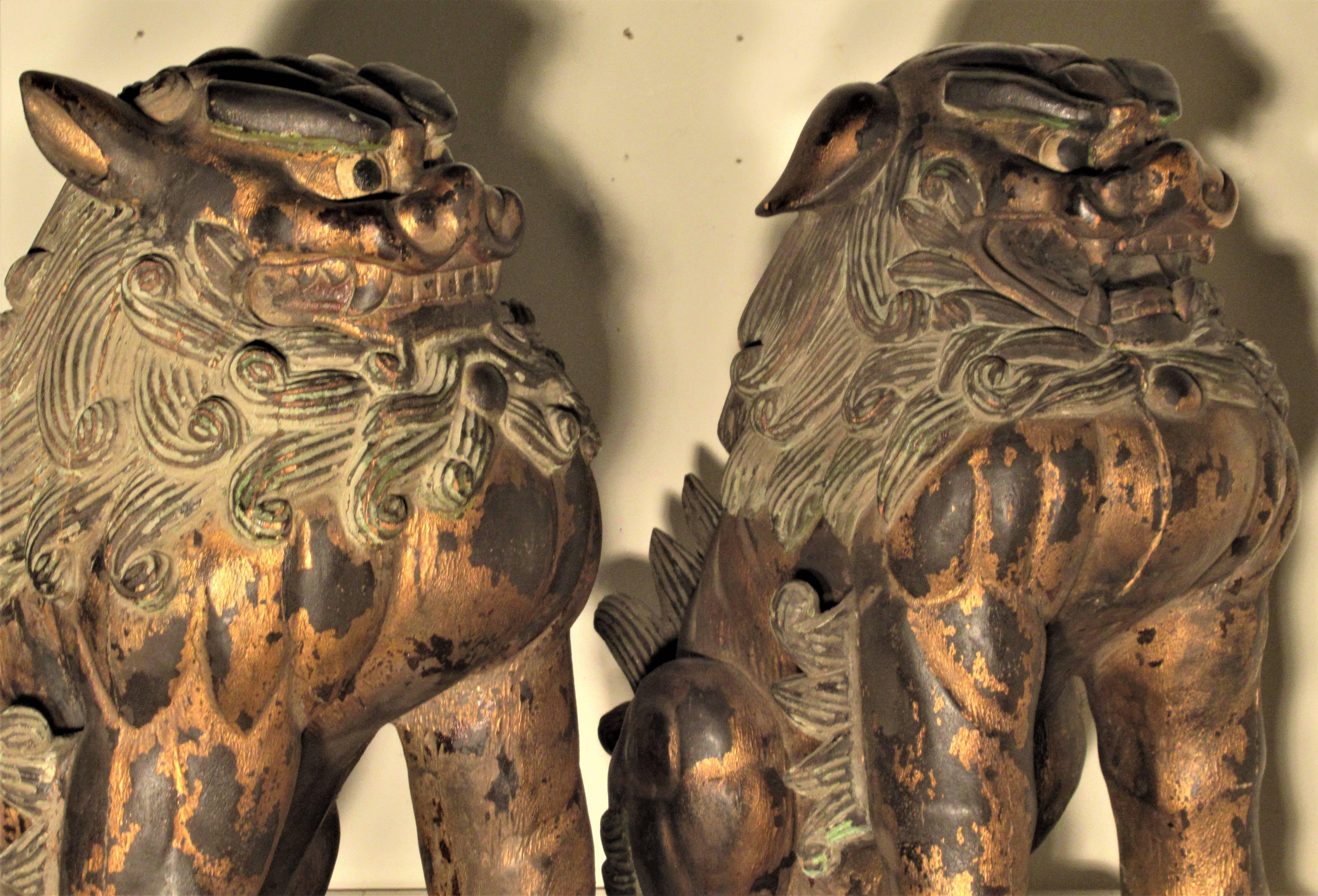 Large Carved Wood Foo Dog Lion Statues 8