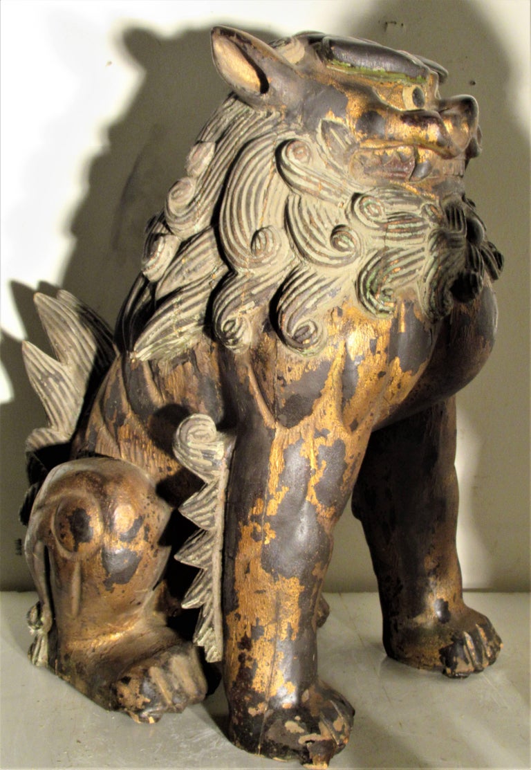 Large Carved Wood Foo Dog Lion Statues at 1stDibs