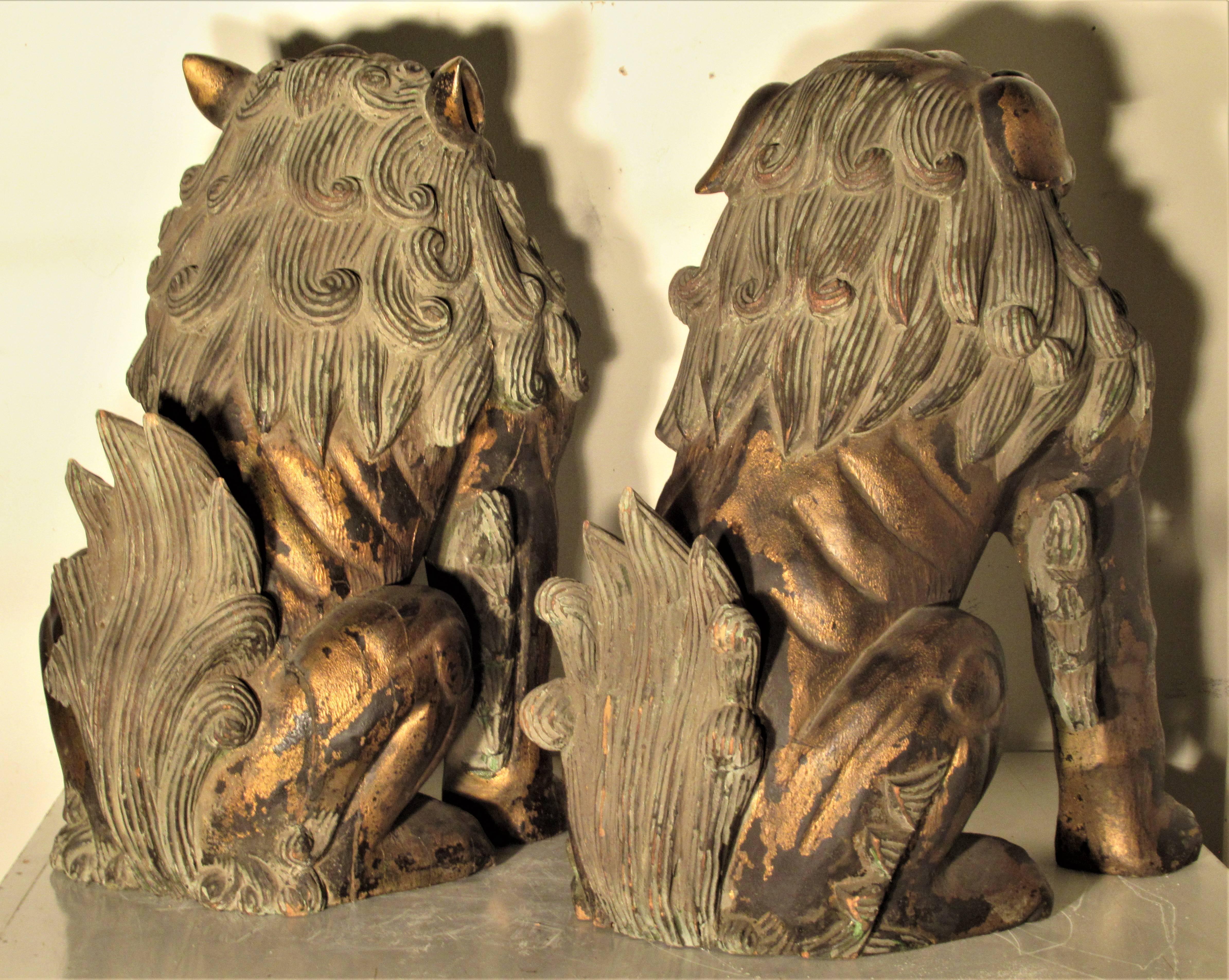 Large Carved Wood Foo Dog Lion Statues In Good Condition In Rochester, NY