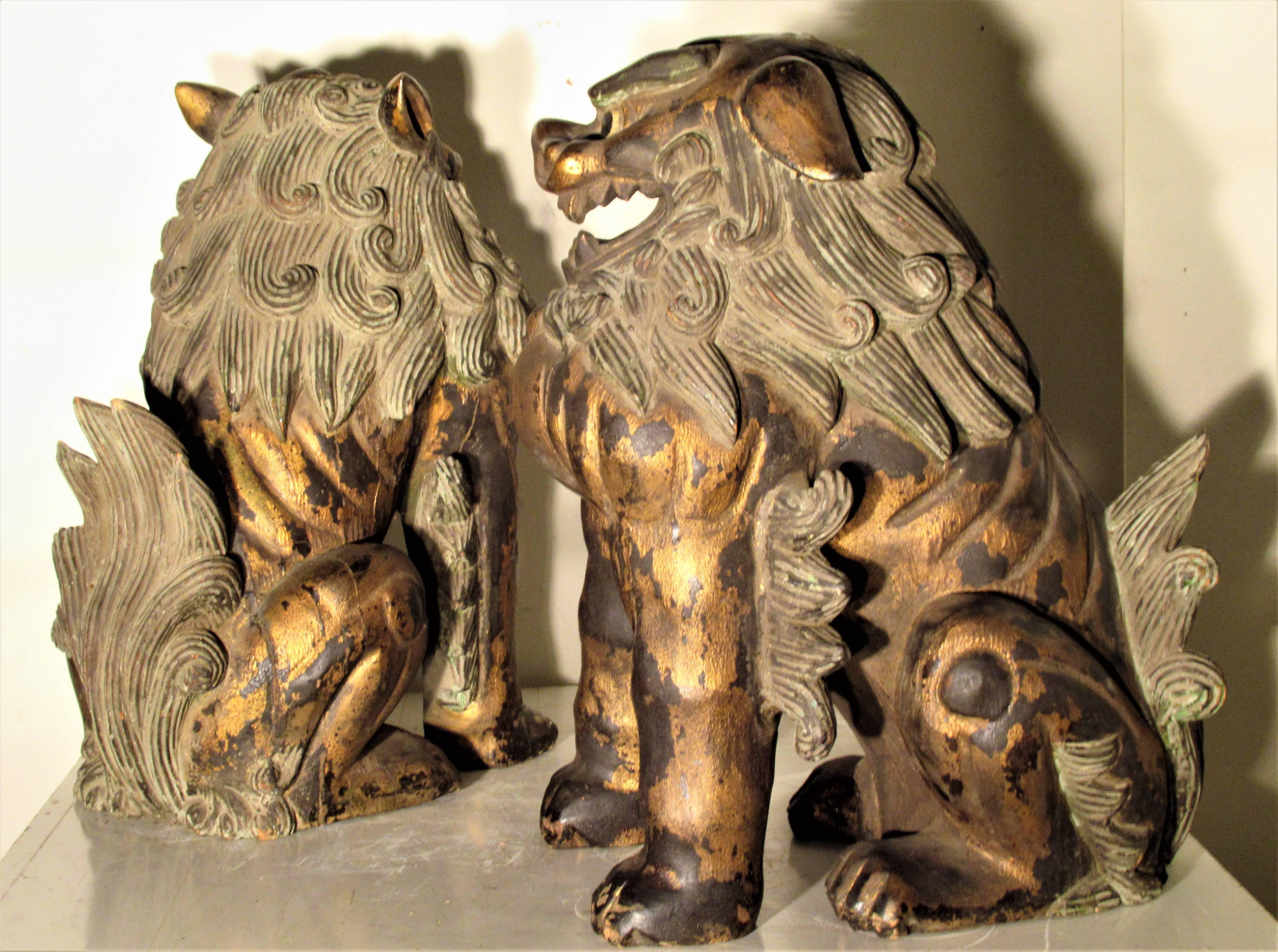 20th Century Large Carved Wood Foo Dog Lion Statues