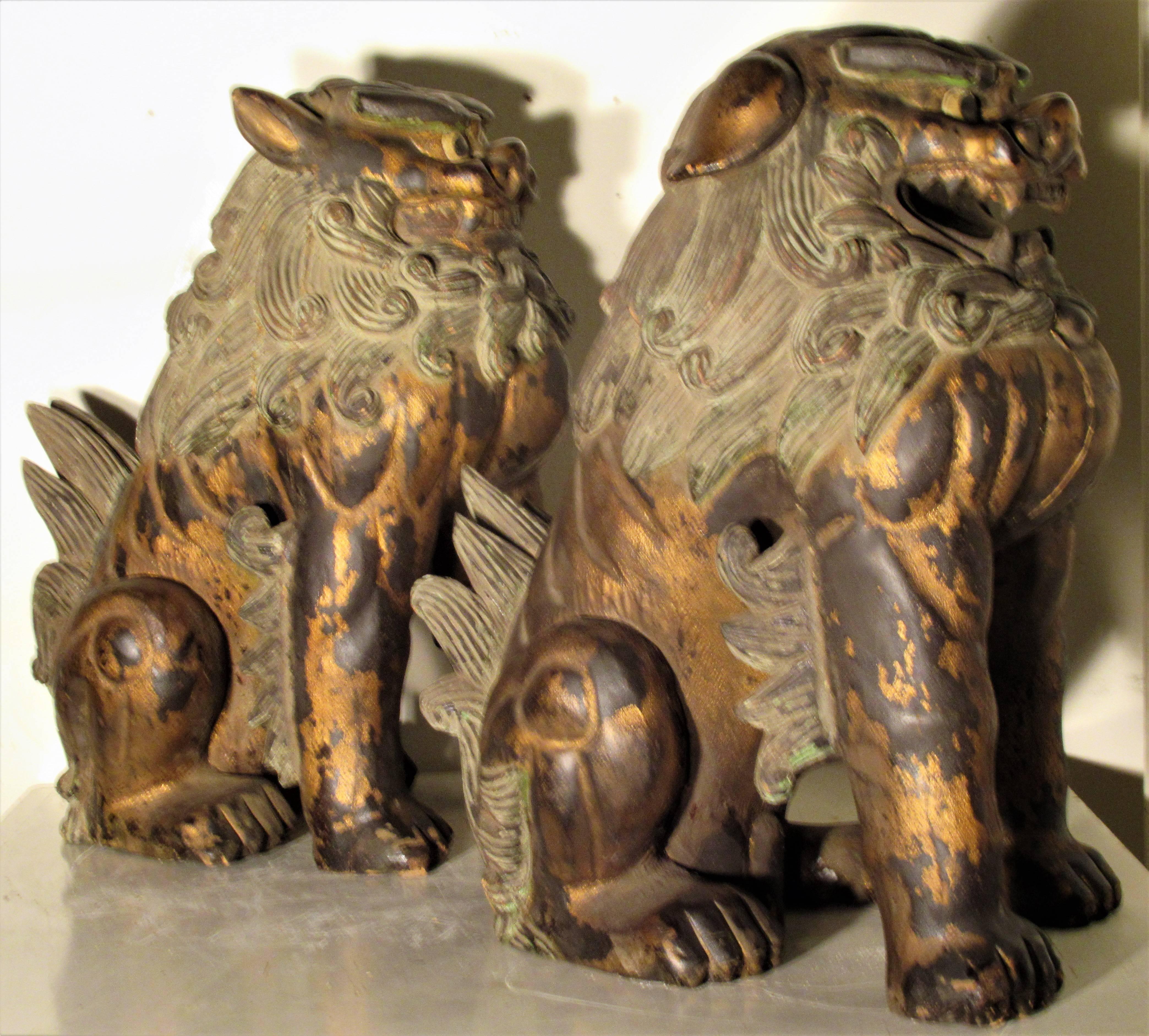 20th Century Large Carved Wood Foo Dog Lion Statues
