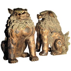 Vintage Large Carved Wood Foo Dog Lion Statues