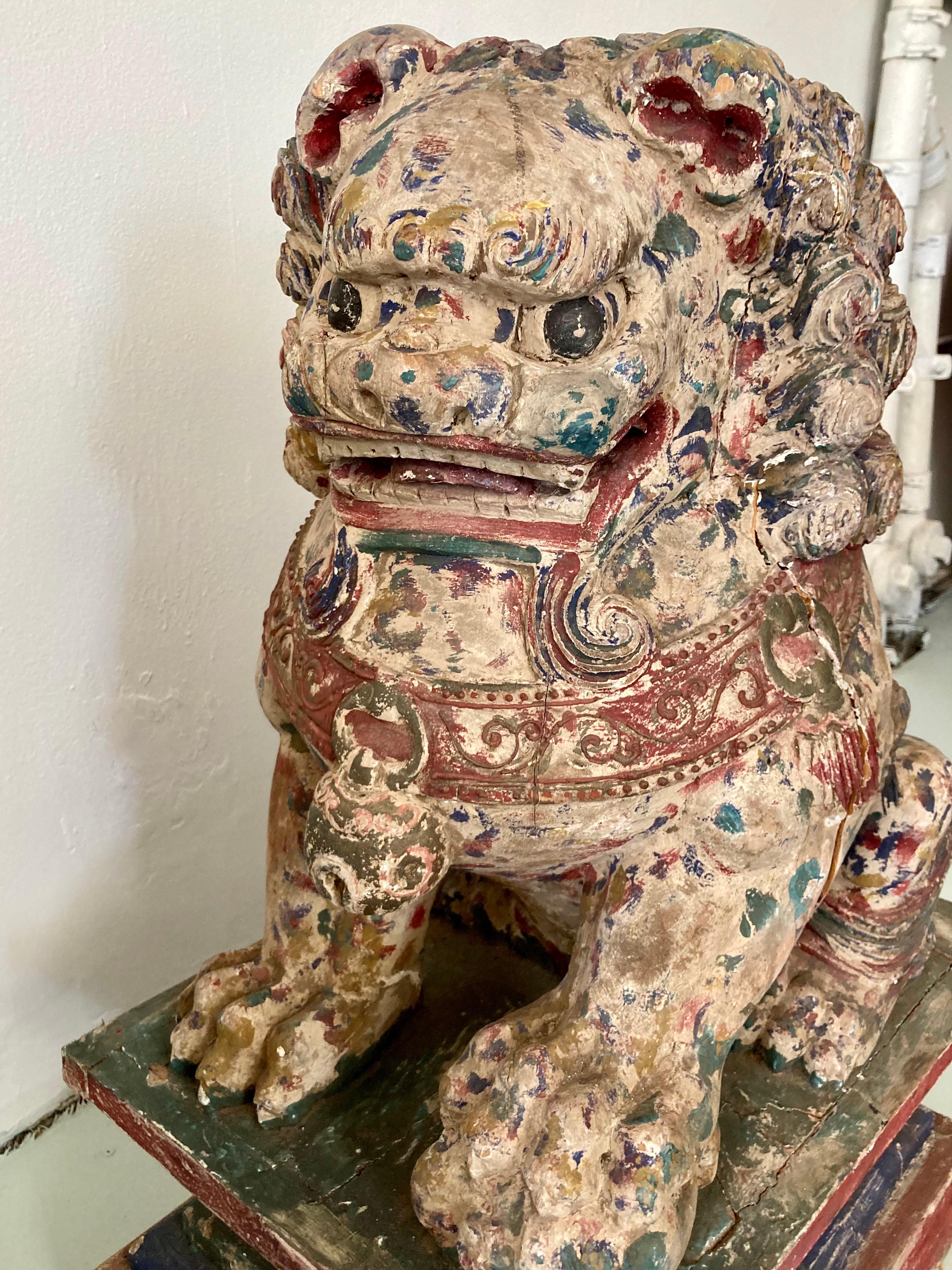 Large Carved Wood Foo Dogs, a Pair For Sale 4