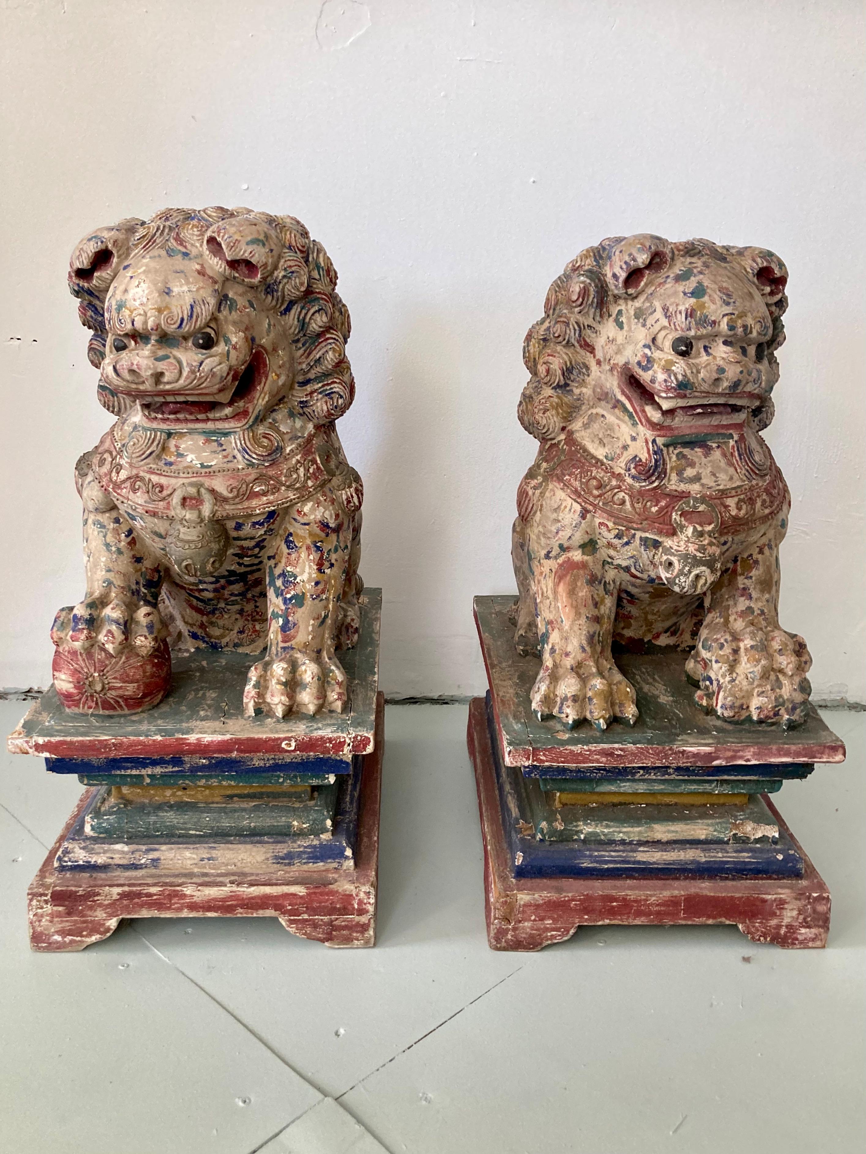 Chinoiserie Large Carved Wood Foo Dogs, a Pair For Sale