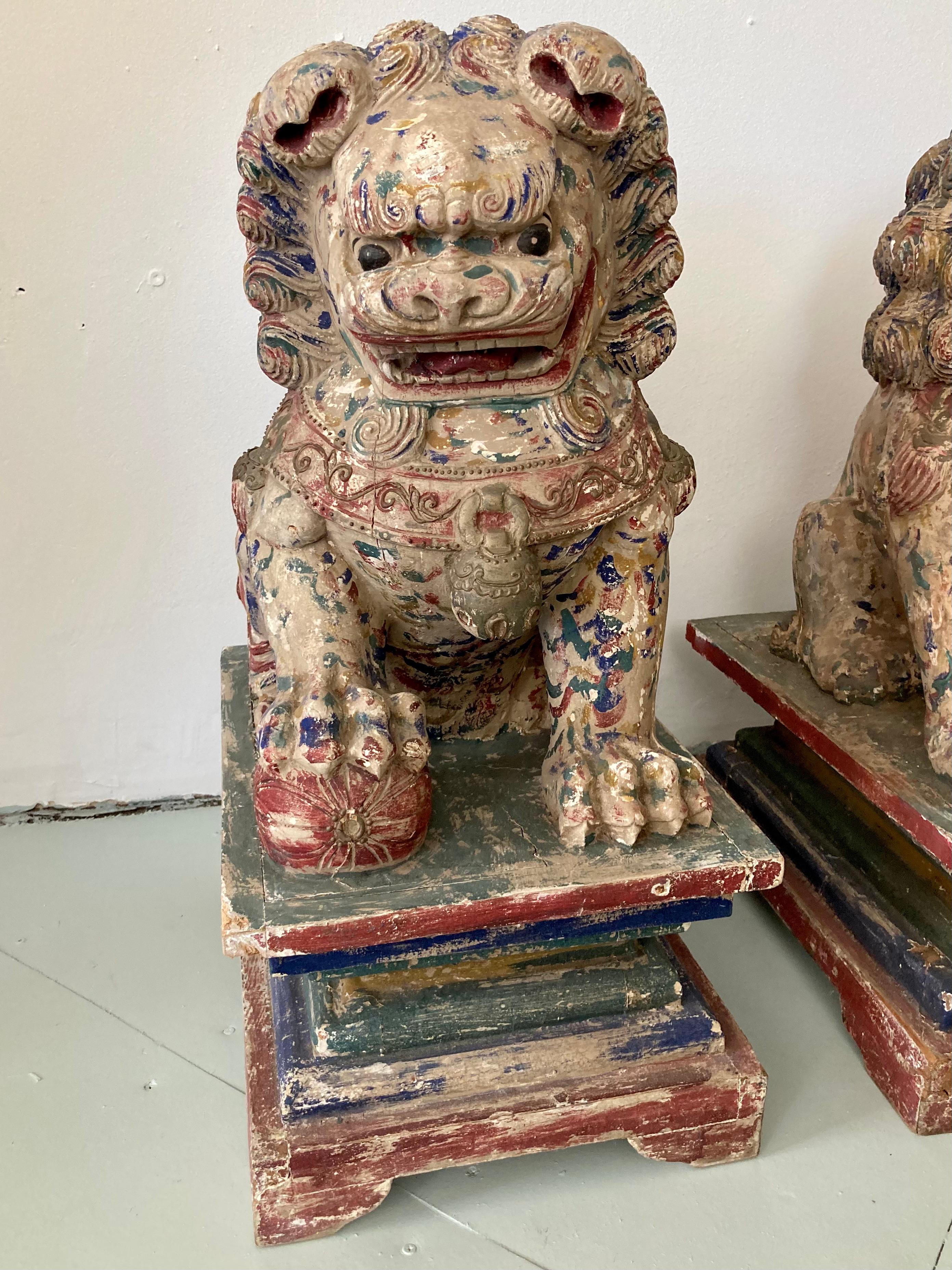 Chinese Large Carved Wood Foo Dogs, a Pair For Sale