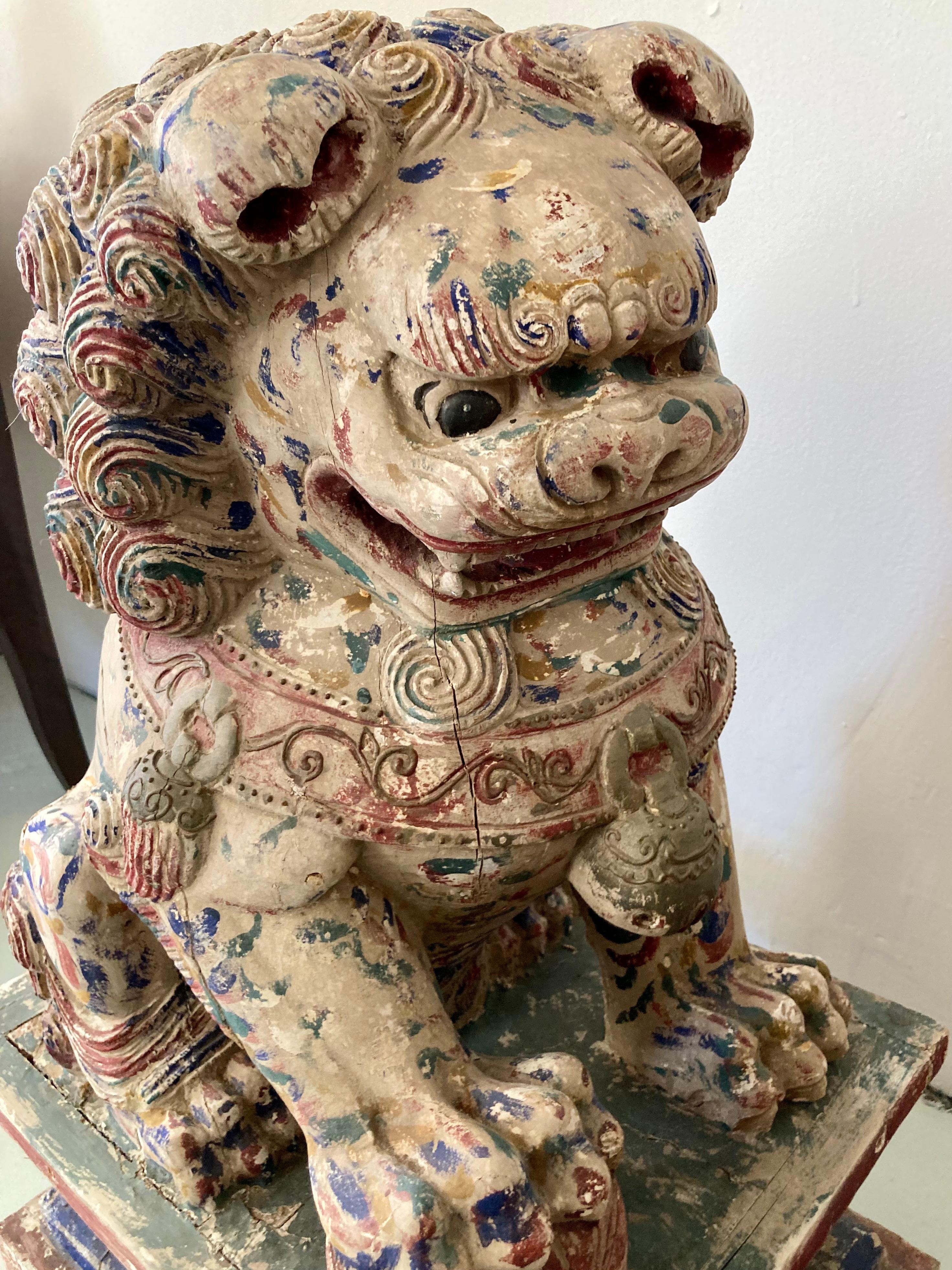 Large Carved Wood Foo Dogs, a Pair In Good Condition For Sale In Los Angeles, CA