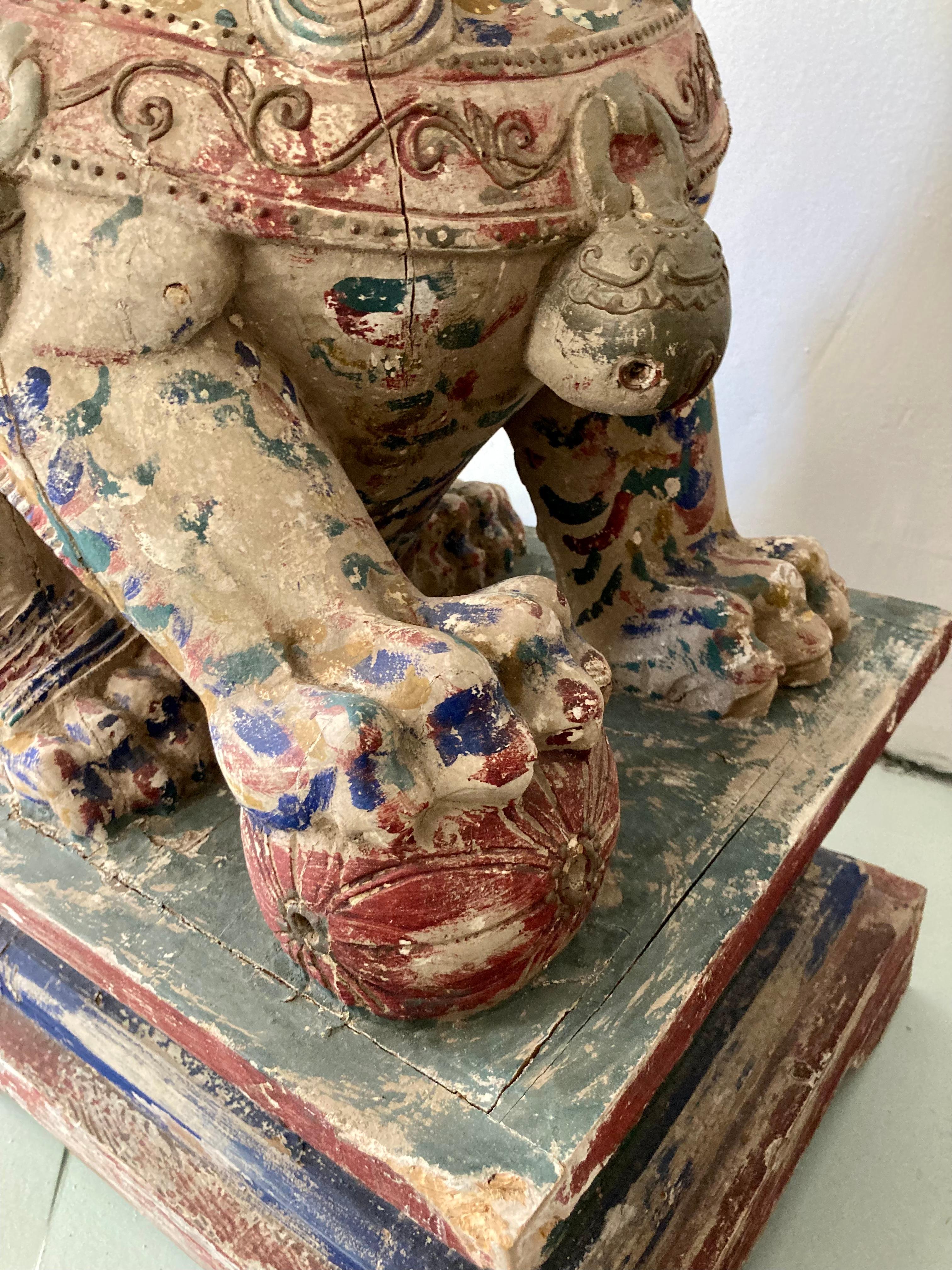 19th Century Large Carved Wood Foo Dogs, a Pair For Sale