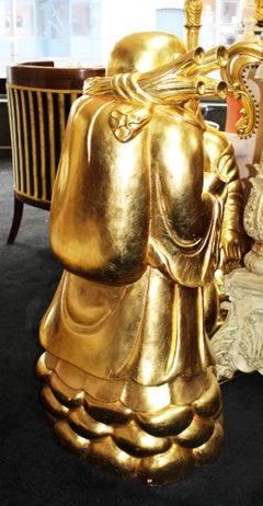 Large Carved Wood Gold Leaf Laughing Buddha on Rocks