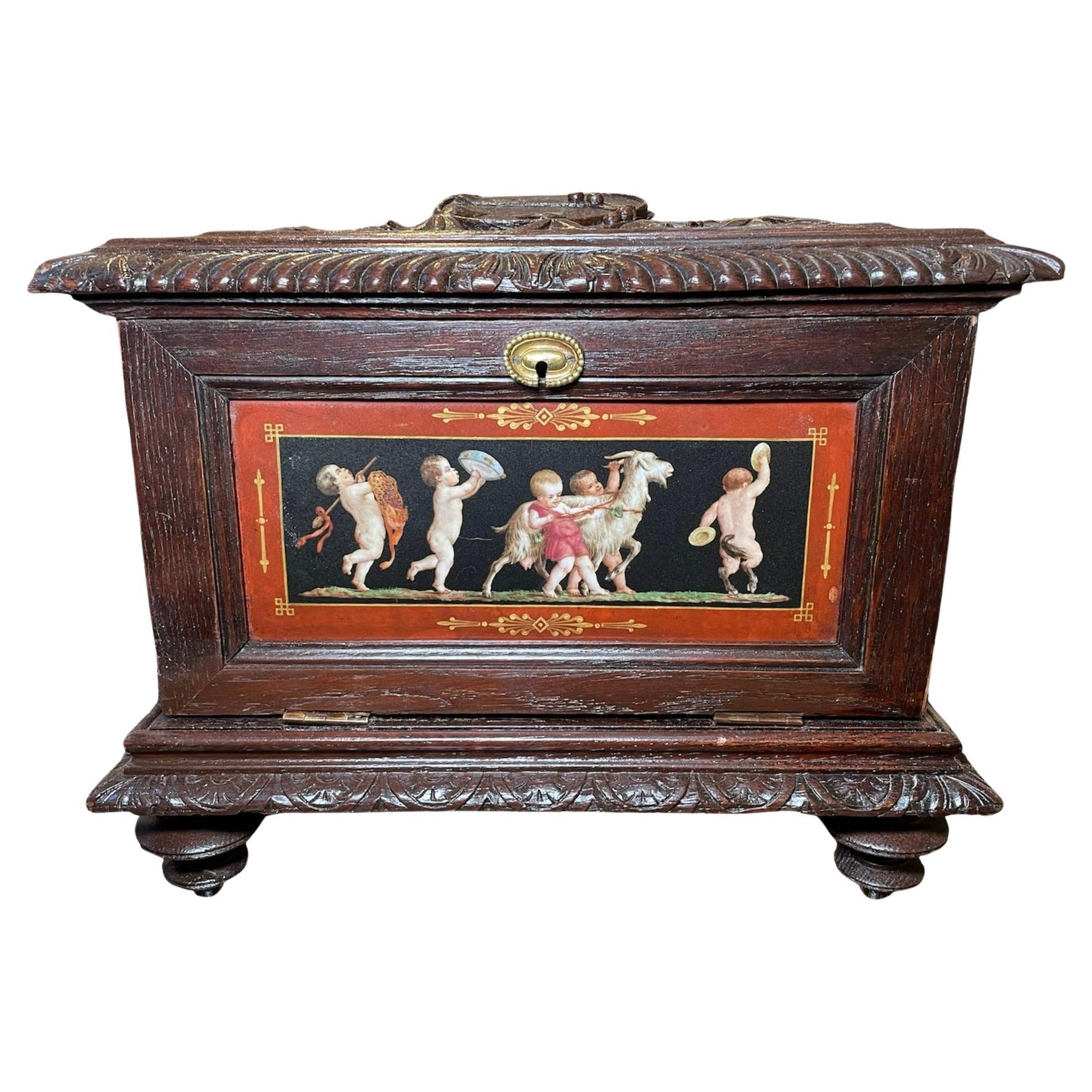 Large Carved Wood & Hand Painted Porcelain Bottle Box For Sale