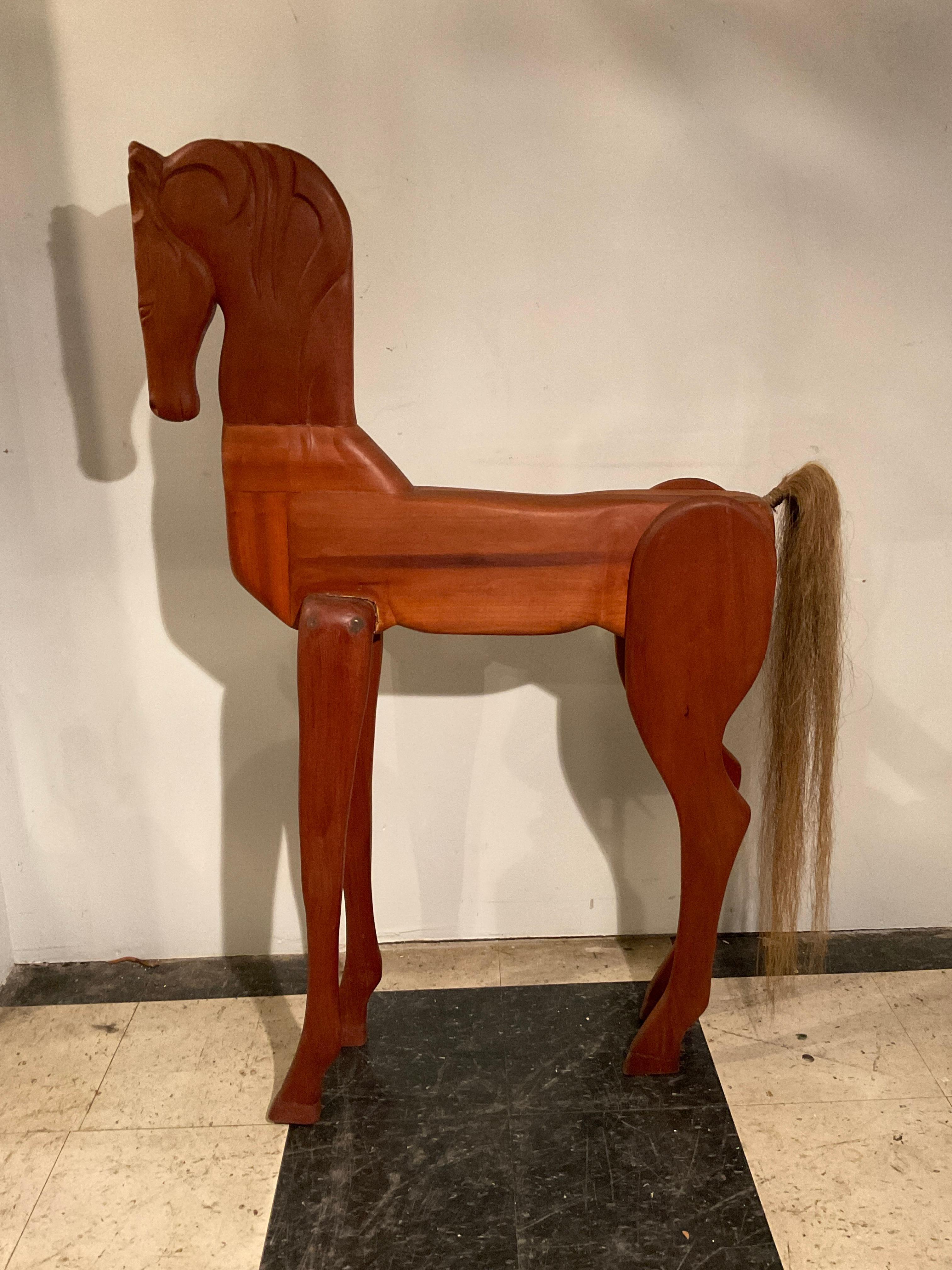 Large Carved Wood Horse With Horse Hair Tail In Good Condition For Sale In Tarrytown, NY