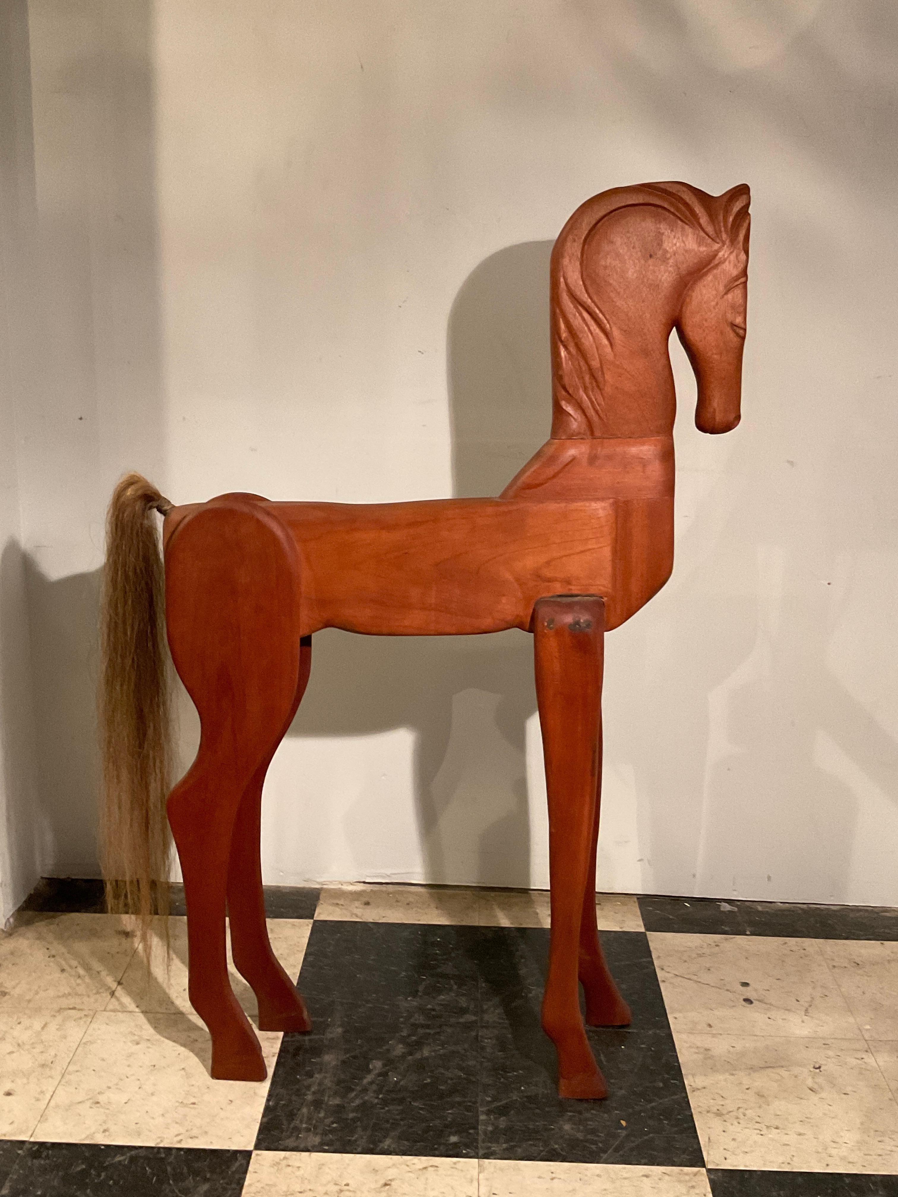 Large Carved Wood Horse With Horse Hair Tail For Sale 1