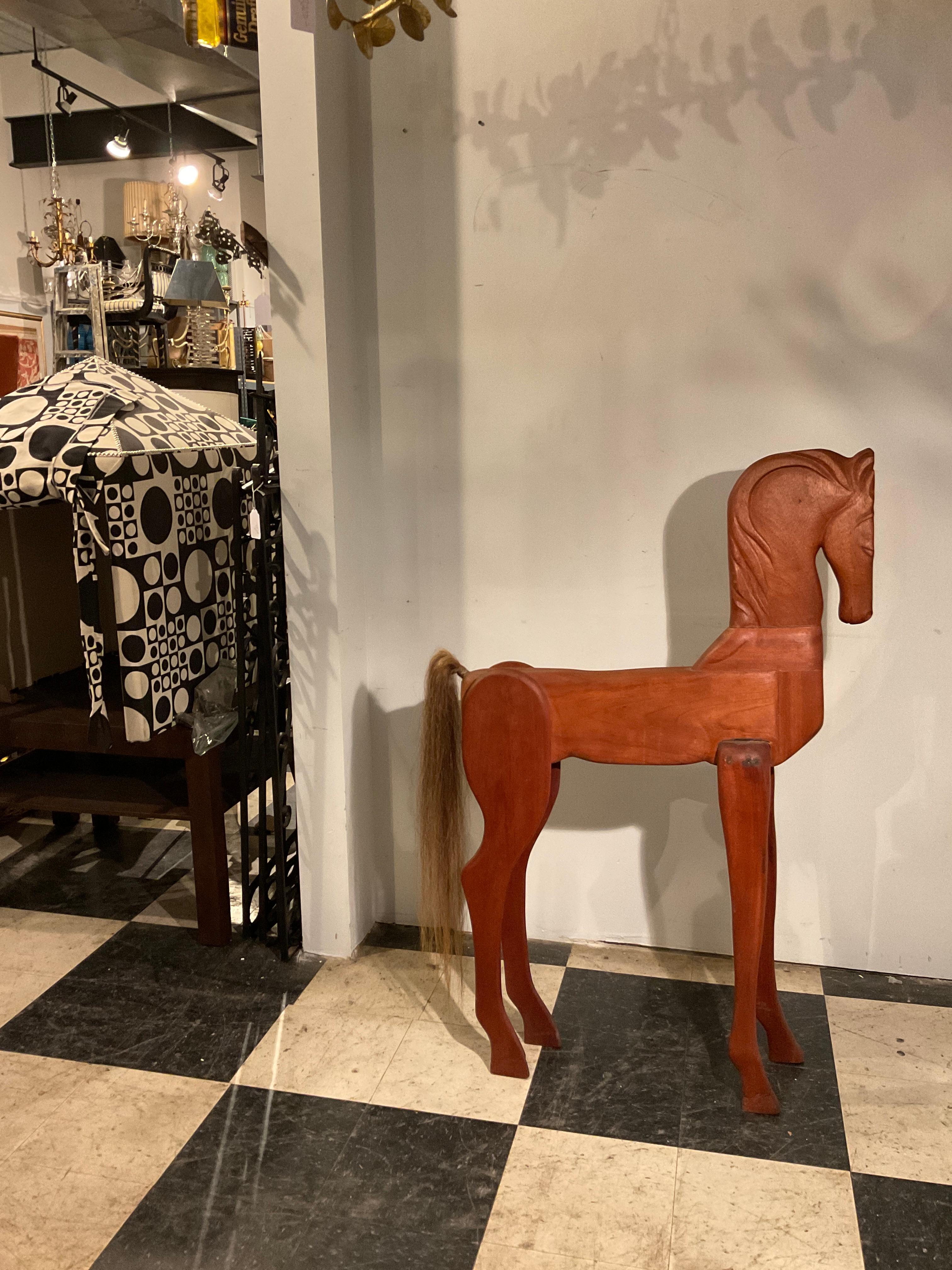 Large Carved Wood Horse With Horse Hair Tail For Sale 2