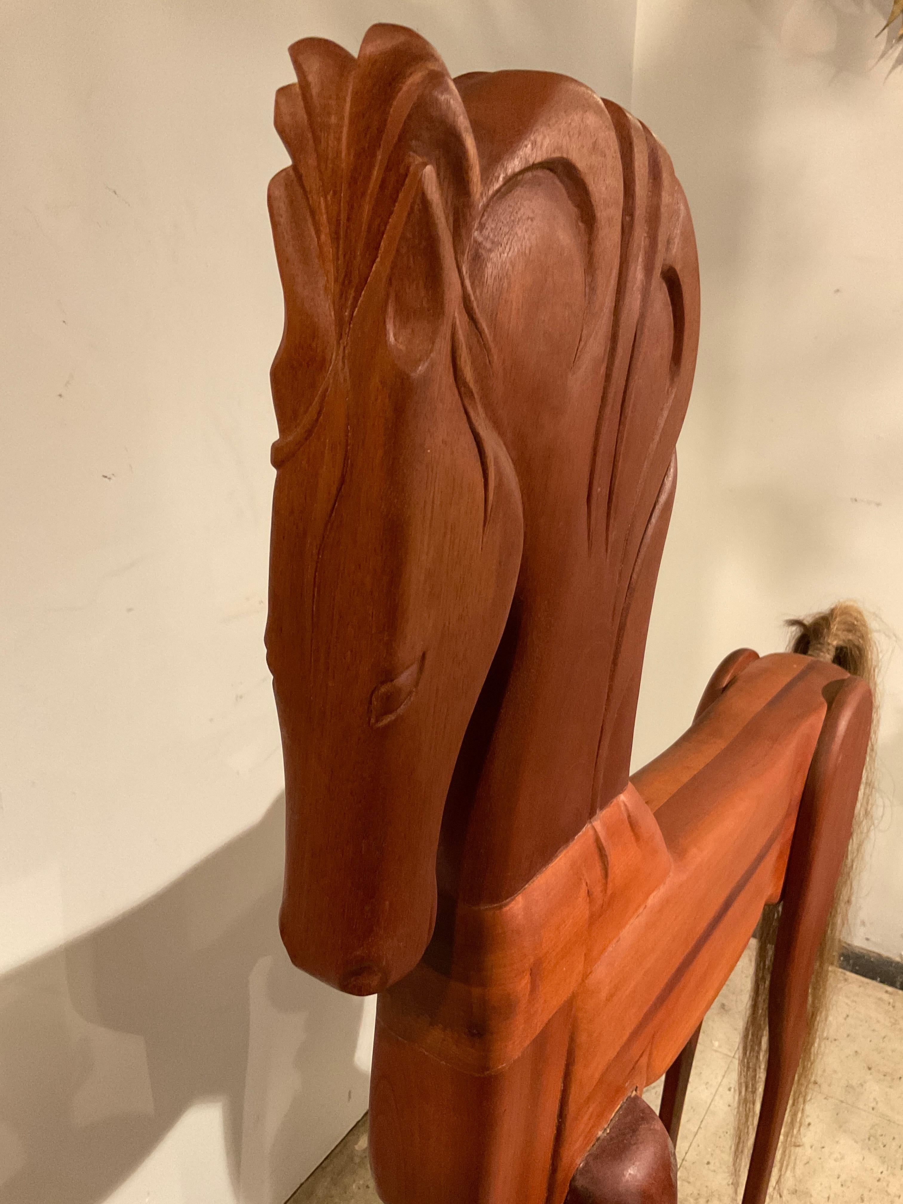 Large Carved Wood Horse With Horse Hair Tail For Sale 5