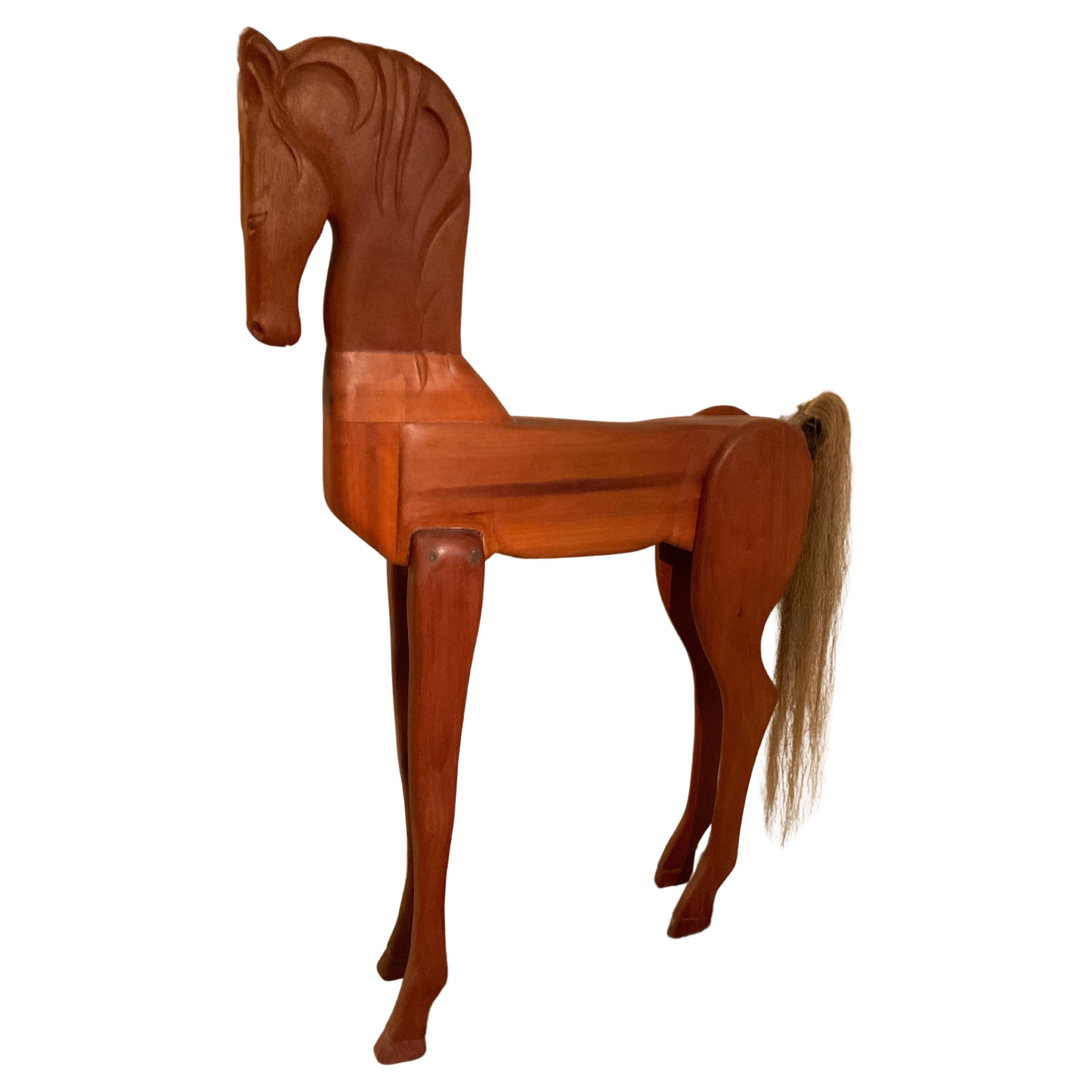Large Carved Wood Horse With Horse Hair Tail For Sale